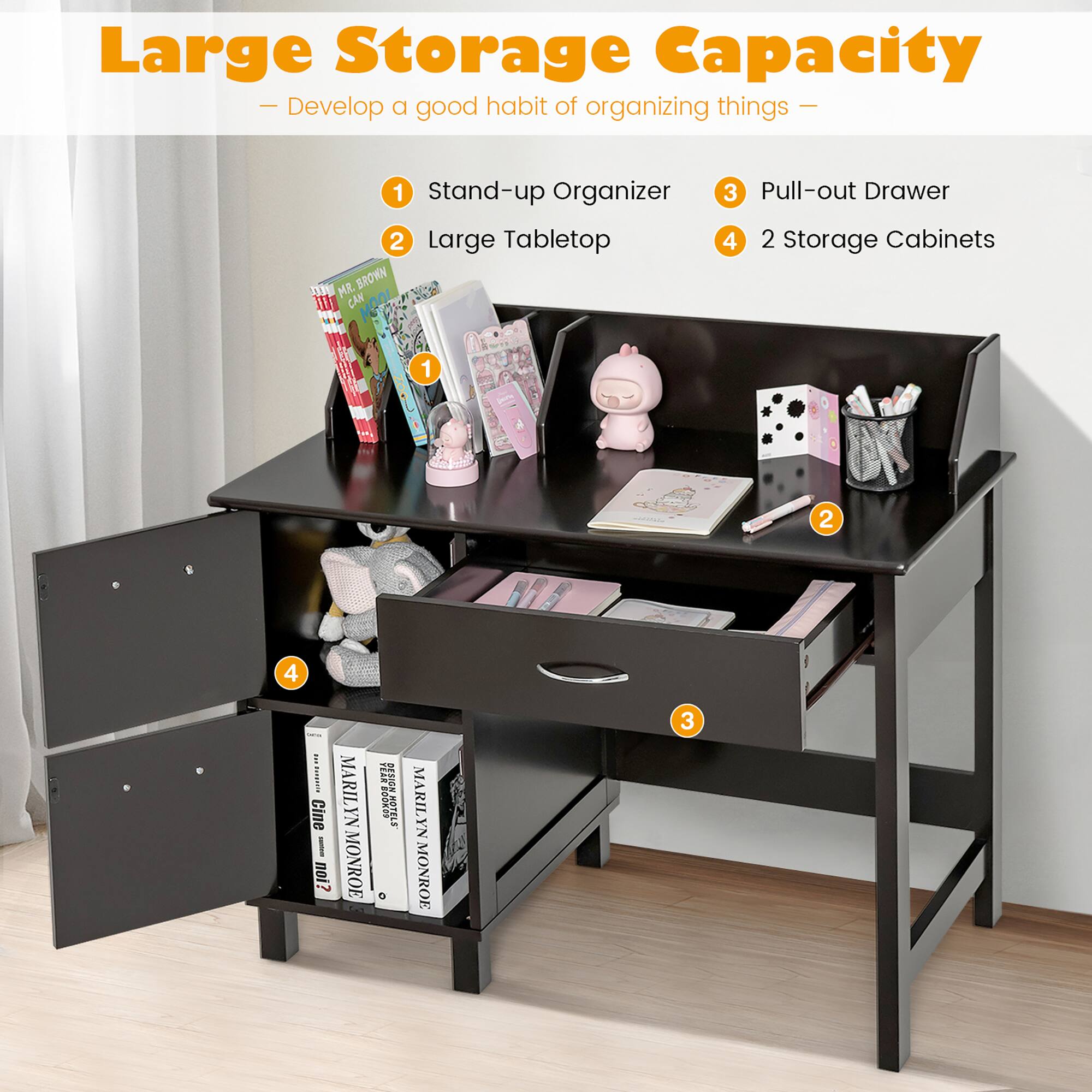 Large Storage Capacity  
- Develop a good habit of organizing things -  

1. Stand-up Organizer  
2. Large Tabletop  
3. Pull-out Drawer  
4. 2 Storage Cabinets