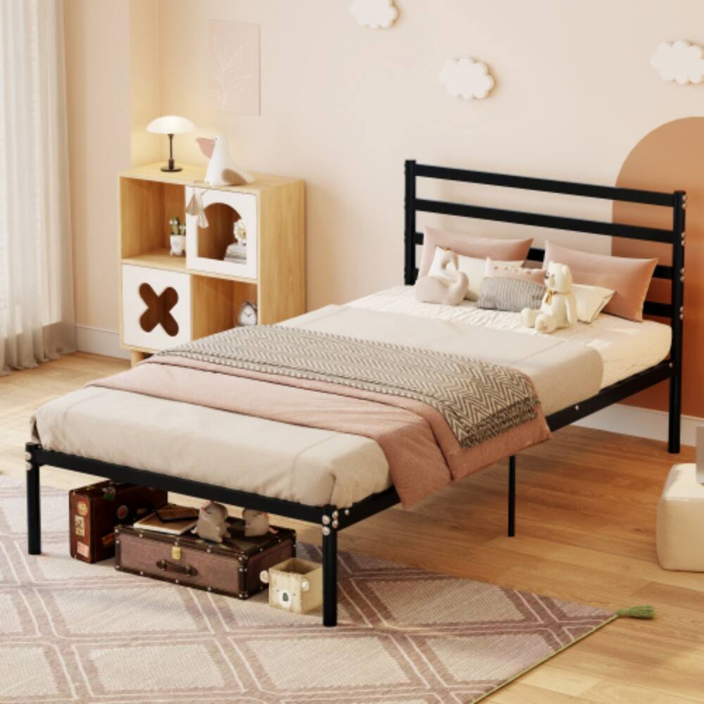 Angle. LUCKY ONE - Twin Size Classic Metal Platform Bed Frame Mattress Foundation, Large Under-Bed Storage, Easy Assembly - Black.
