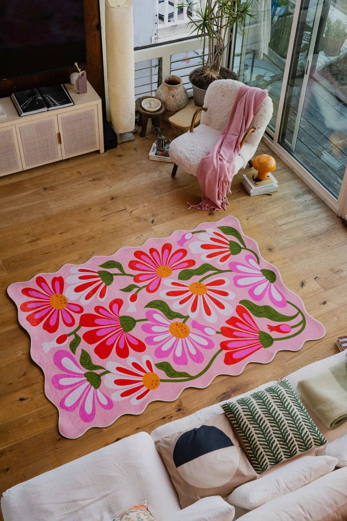 Front. Lanyspace - Lany Space Jessica Miller Pink Base Pink Floral Wavy Rug - Multicolor.
