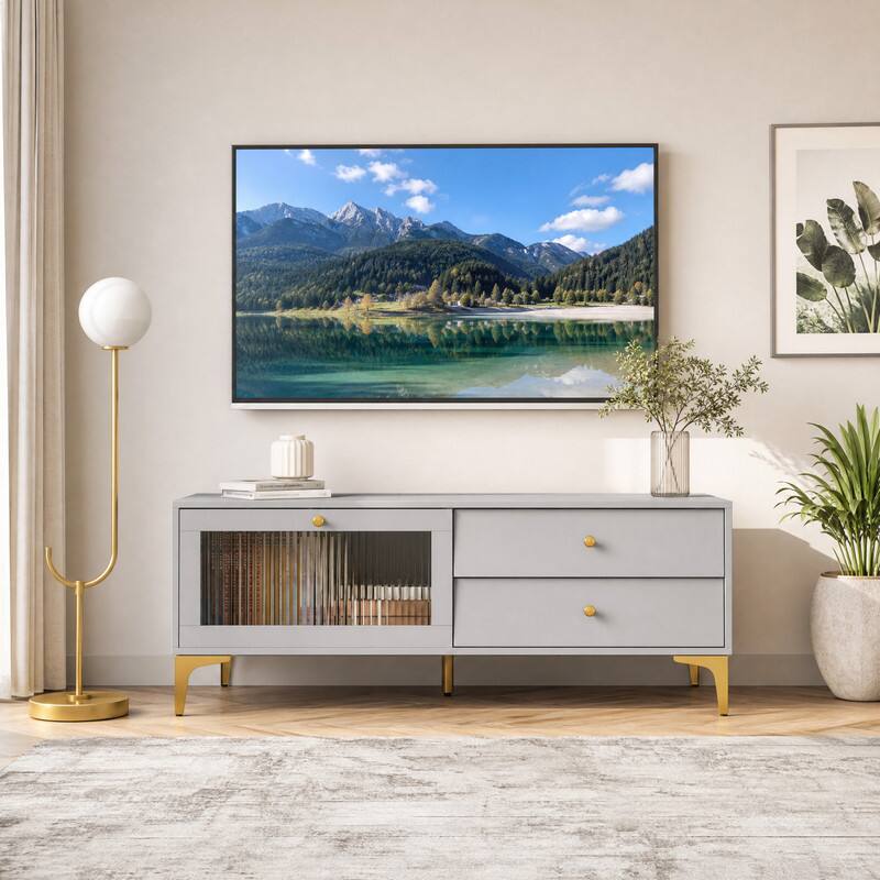 Angle. WELLFOR - Modern TV Stand for 55 Inch TV,  Entertainment Center with Door and Drawers,  Media Console Cabinet with Gold Legs - Gray.