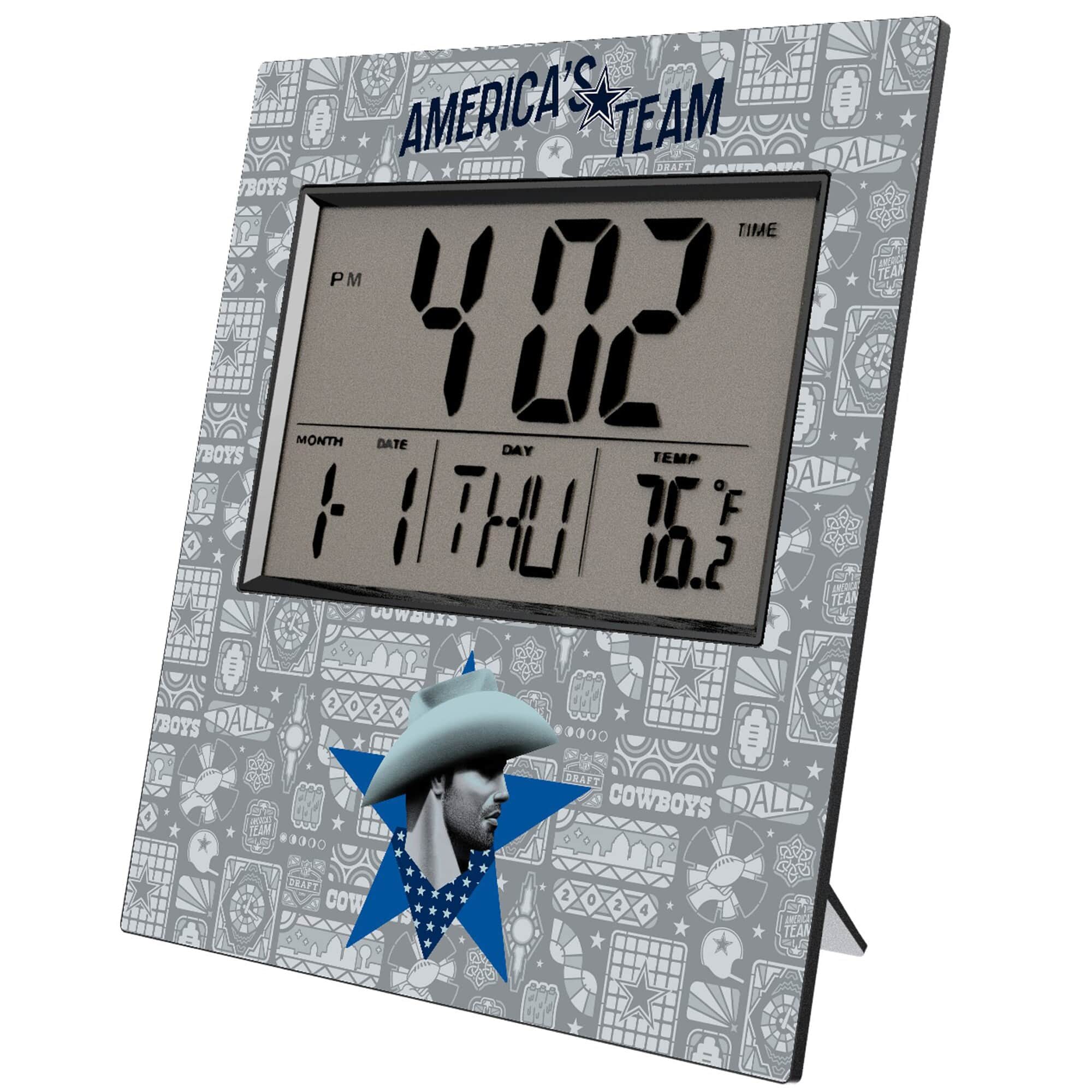AMERICA'S TEAM  
DRAFT  
COWBOYS  
DALLAS  

4:02 PM  
11 THU  
76.2°F  

MONTH DATE DAY TEMP