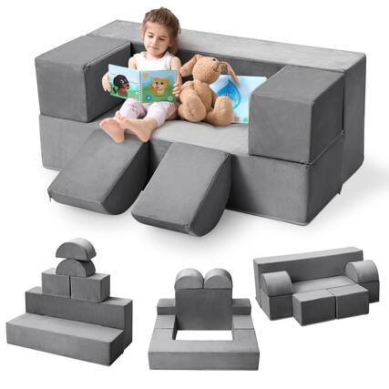 Front. Jojoka - 6-Piece Modular Kids Play Couch, Convertible Toddler Foam Sofa with Removable Cover - Gray.