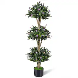 Gymax - 51'' Artificial Triple Ball Boxwood Topiary Tree w/ 59 Blossoms for Porch Home Green & Black - Purple