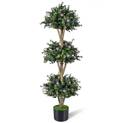 Front. Gymax - Gymax 51'' Artificial Triple Ball Boxwood Topiary Tree w/ 59 Blossoms for Porch Home Green & Black & Purple - Purple.