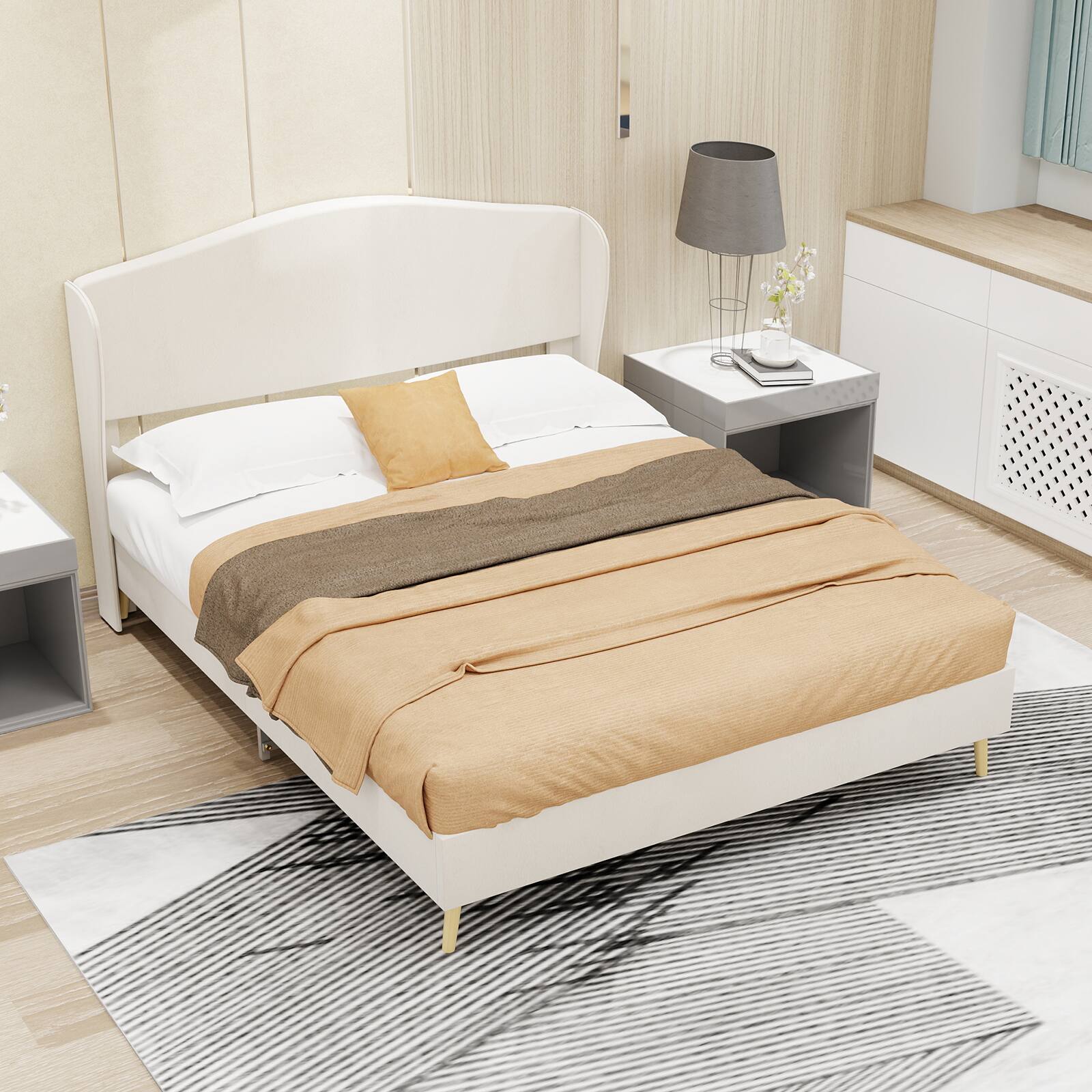 Angle. LUCKY ONE - Full Size Velvet Upholstered Bed Frame - Beige.