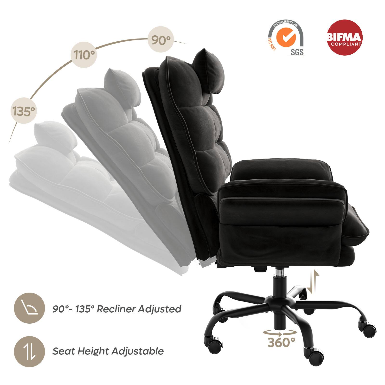 The text on the image can be grouped and corrected as follows:

1. 90° Recliner Adjusted: This refers to the chair's ability to recline up to 90 degrees, providing comfort and relaxation for the user.
2. 90-135 Recliner Adjusted: This indicates that the chair can be adjusted to recline between 90 and 135 degrees, offering a wider range of seating options.
3. 1L Seat Height Adjustable: This suggests that the chair's seat height can be adjusted, allowing users to customize their seating experience according to their preferences and needs.
4. 360: This could be a reference to the chair's overall design, materials, or features, showcasing its versatility and appeal to a wide range of users.

The image features a black office chair with a reclining feature, which is adjustable to 90 degrees. It also has a seat height adjustment option, making it a versatile and comfortable choice for various users.