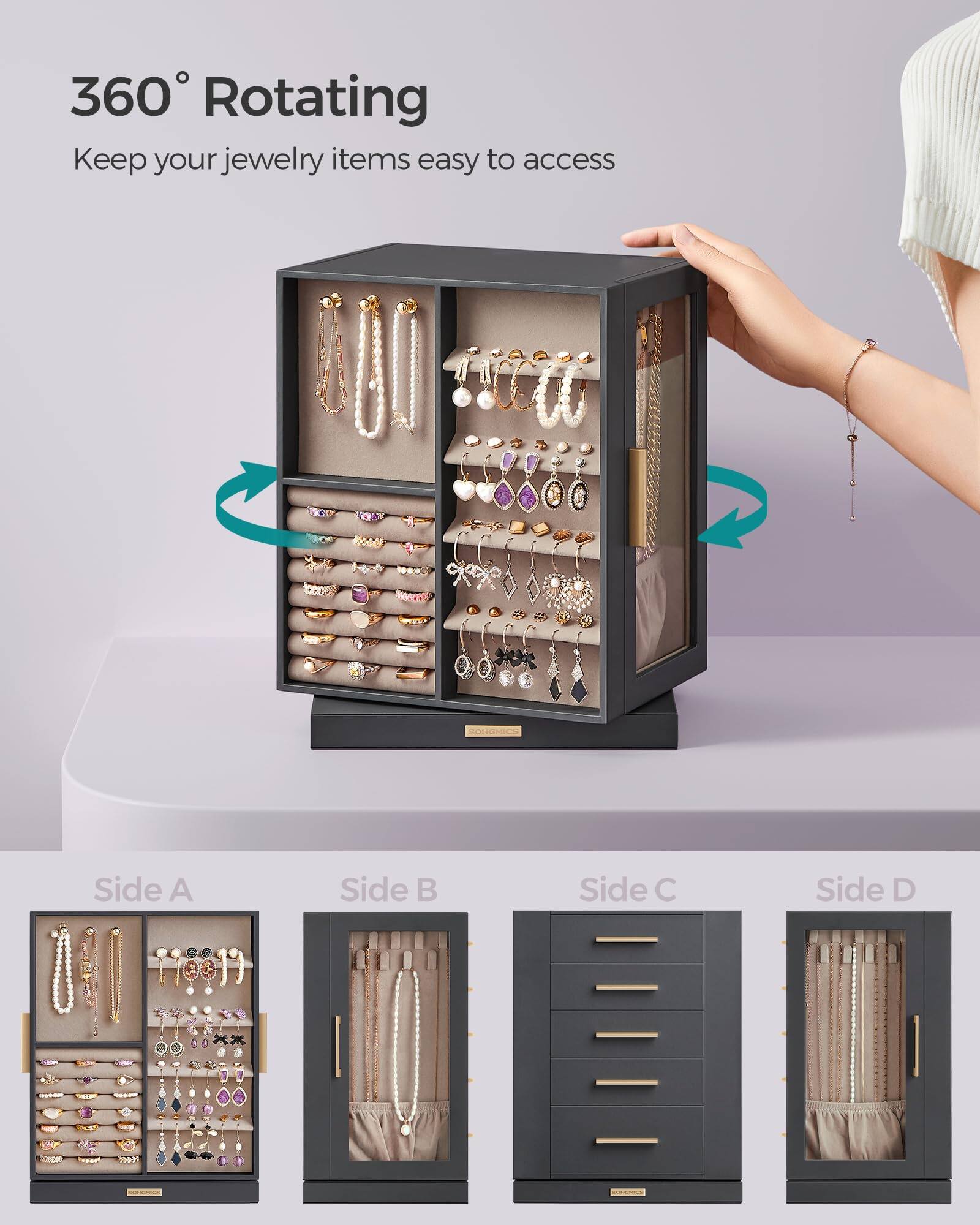 360° Rotating  
Keep your jewelry items easy to access  

Side A  
Side B  
Side C  
Side D
