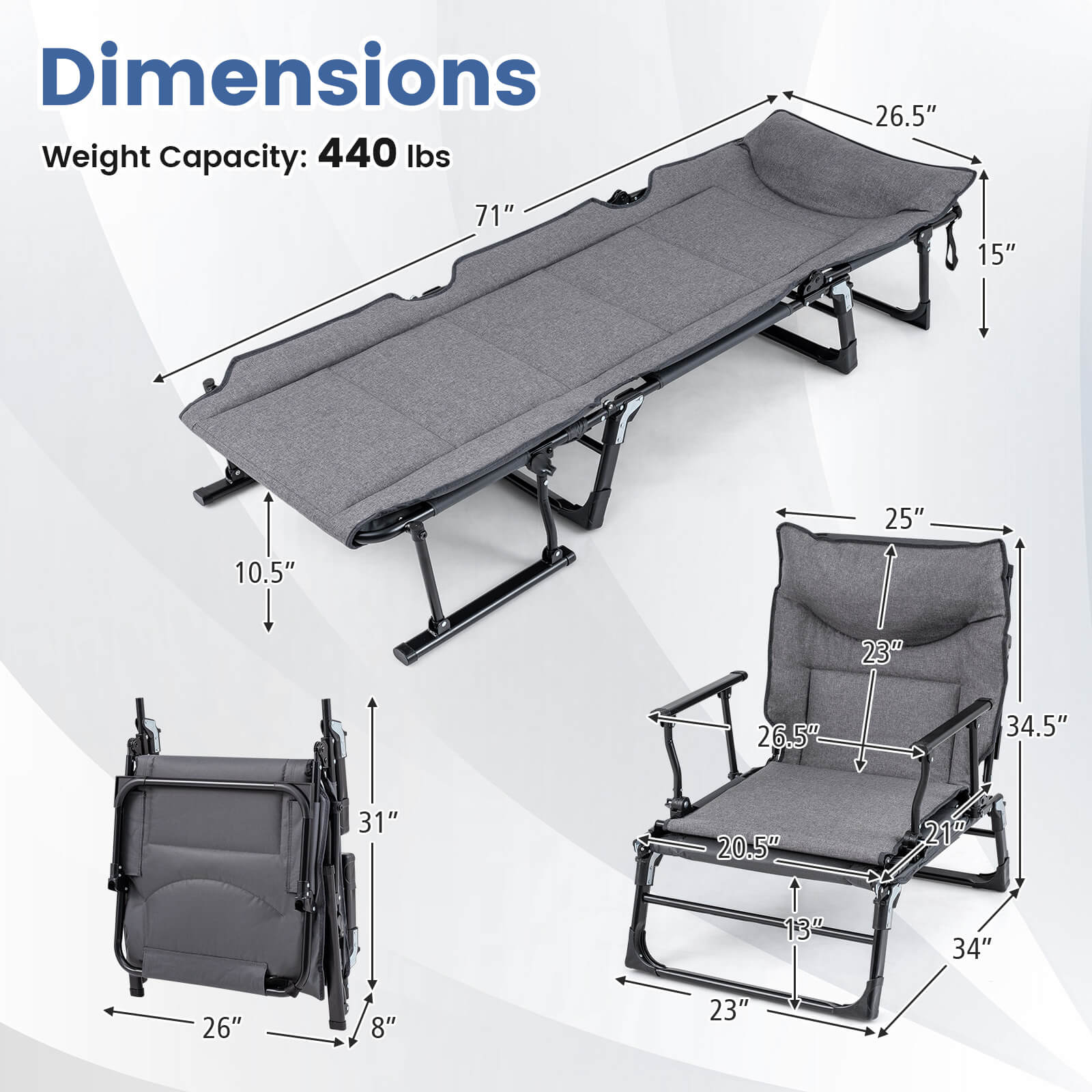 Dimensions  
Weight Capacity: 440 lbs  

- 71"  
- 26.5"  
- 15"  
- 25"  
- 10.5"  
- 23"  
- 26.5"  
- 34.5"  
- 31"  
- 20.5"  
- 21"  
- 13"  
- 34"  
- 26"  
- 8"  
- 23"