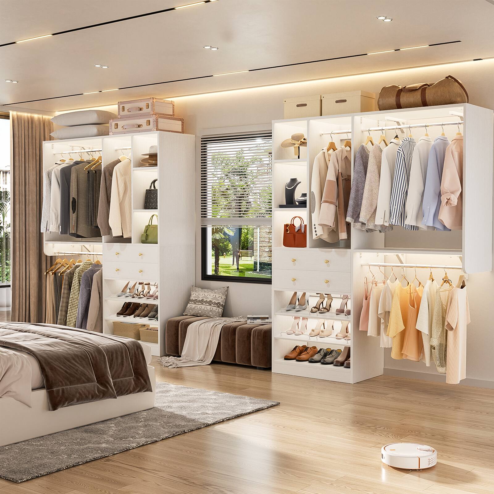 Angle. Aheaplus - Heavy Duty Closet Organizer with Drawers and Hanging Rods, Wardrobe System with Adjustable Shoe Racks, Wall Mounted - White.