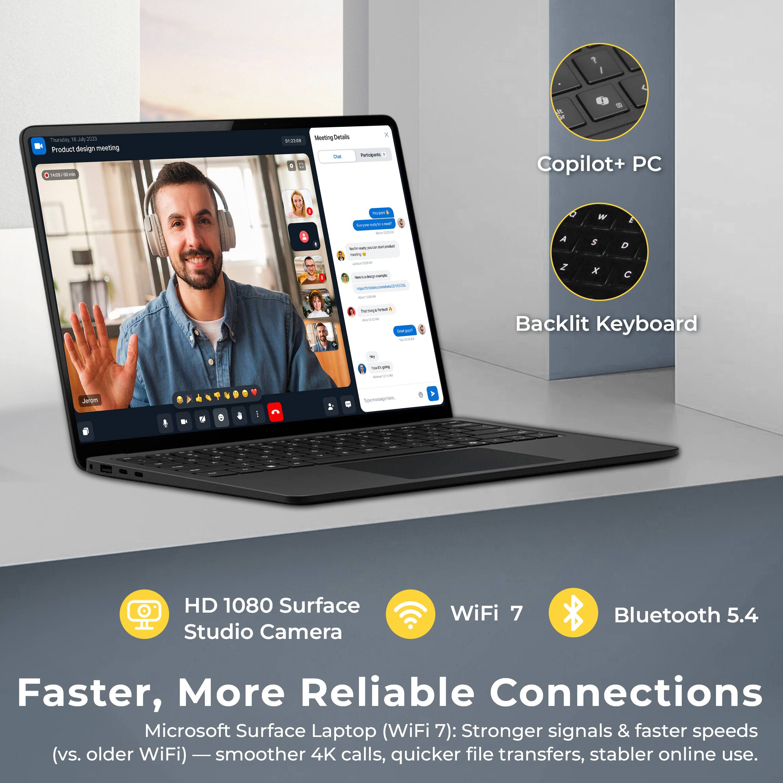 - L 2 - Torain W a ma Product Product-design meeting design meeting  
- I . Meeting/Detais n a Copilot+ PC muge  
- i - - - - - - D A I W S x & D  NA - Backlit Keyboard - Jerge - 8  
- HD 1080 Surface Studio Camera WiFi 7 Bluetooth 5.4  
- Faster, More Reliable Connections Microsoft Surface Laptop (WiFi 7): Stronger signals & faster speeds (vs. older WiFi)  
- smoother - 4K calls, quicker file transfers, stabler online use.