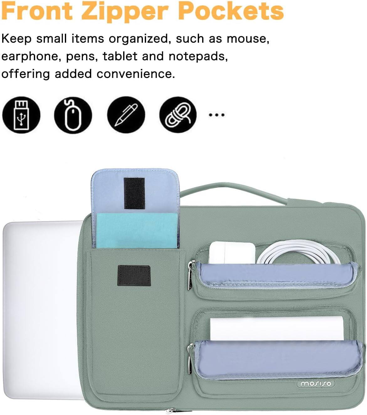 Front Zipper Pockets

Keep small items organized, such as mouse, earphone, pens, tablet and notepads, offering added convenience.