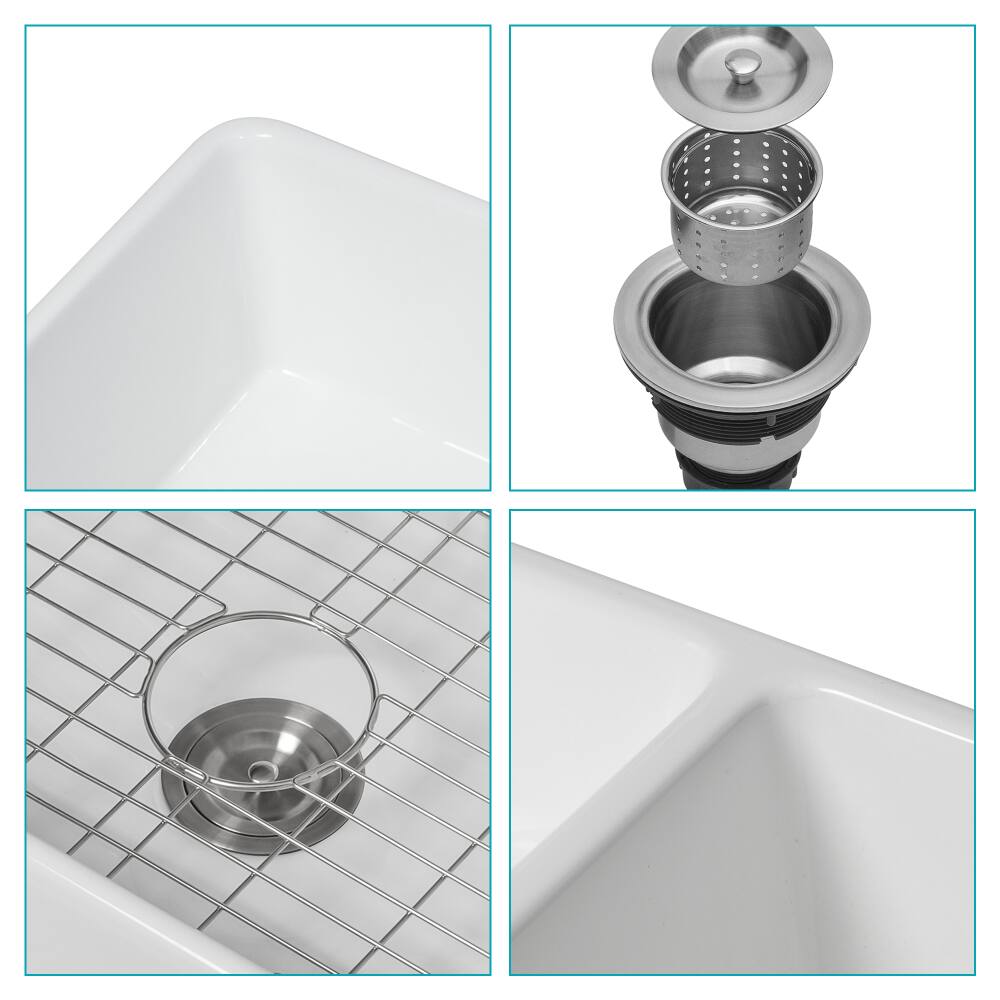 Alt View 2. JUJABU - 33 x 18 x 10 In. White Ceramic Farmhouse Kitchen Sink Apron Front Double Bowl 50/50 - White.