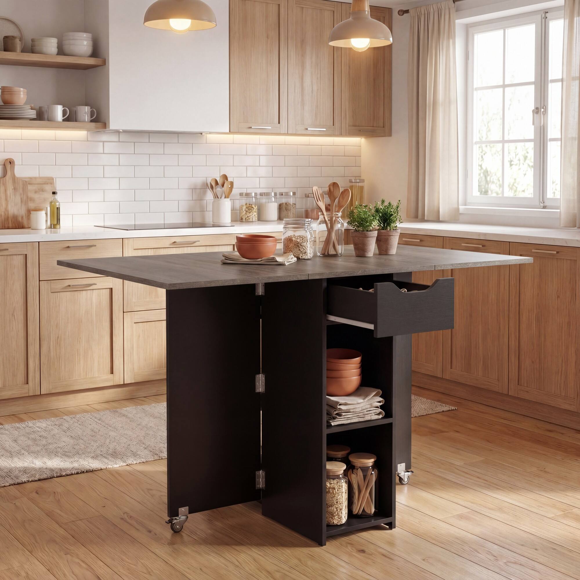 Alt View 1. Costway - Costway Folding Dining Table for 2-4 with 2 Open Shelves Drawer 2 Lockable Universal Wheels - Gray Oak+Black.