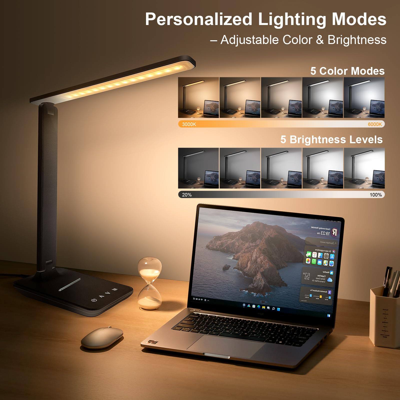 Personalized Lighting Modes  
- Adjustable Color & Brightness  

5 Color Modes  
3000K 6000K  

5 Brightness Levels  
20% 100%