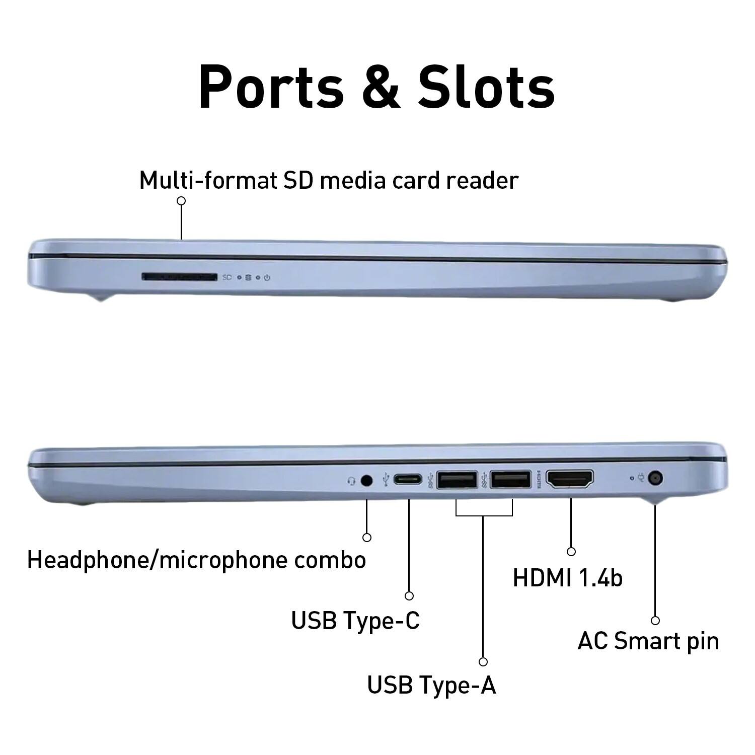 Ports & Slots

- Multi-format SD media card reader
- Headphone/microphone combo
- USB Type-C
- USB Type-A
- HDMI 1.4b
- AC Smart pin