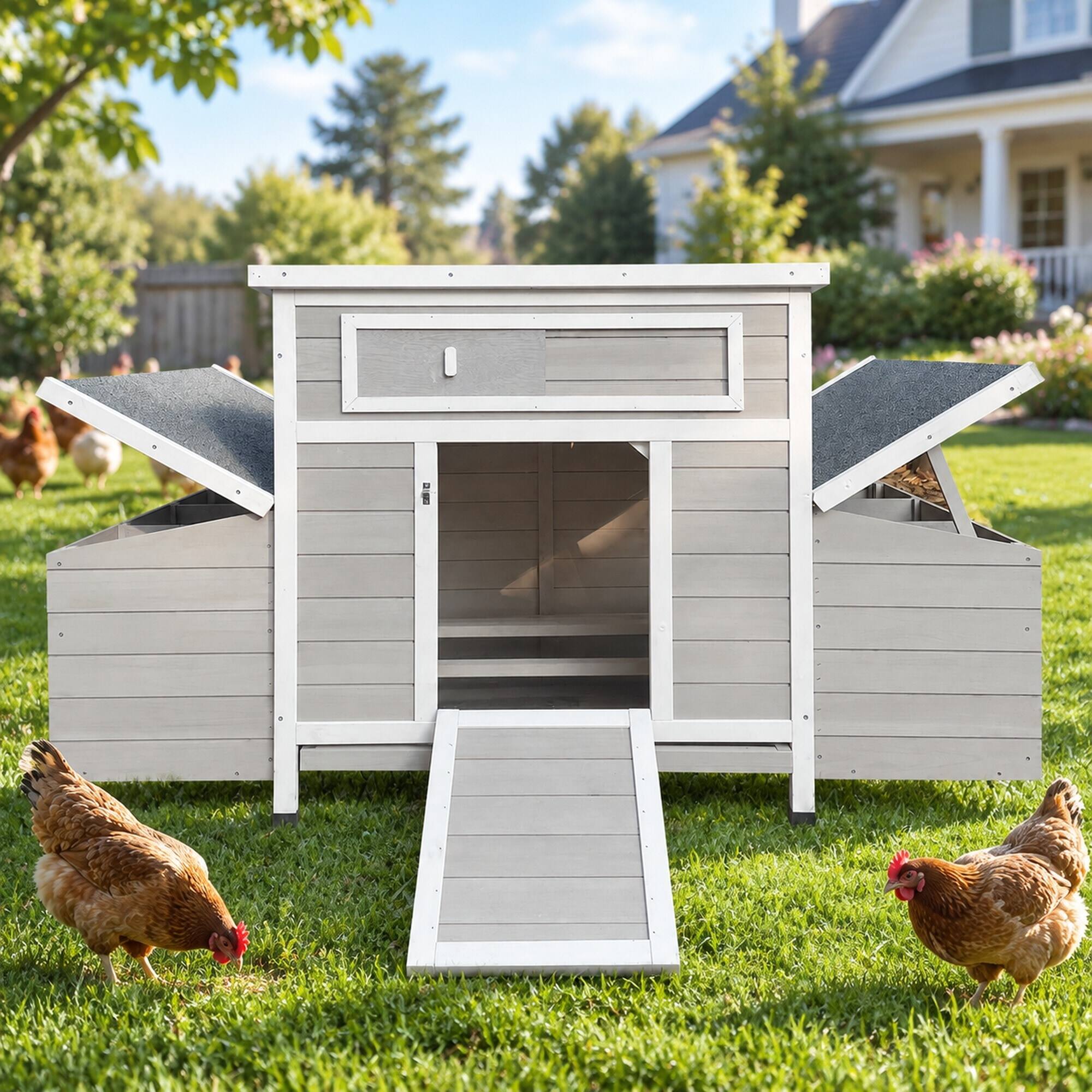 Left. RYHNUYNE - Large Wooden Chicken Coop, Outdoor Hen House, Poultry Cage, 2 Sides Nesting Boxes, 6 Egg Nests.