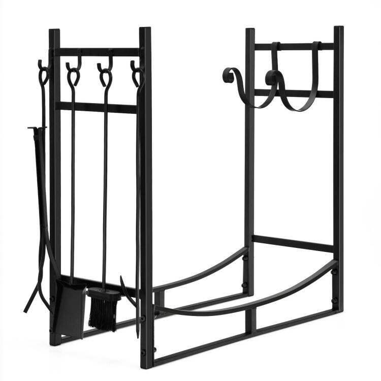 Angle. Mondawe - 30 Inch Firewood Rack with 4 Tool Set Kindling Holders - Black.
