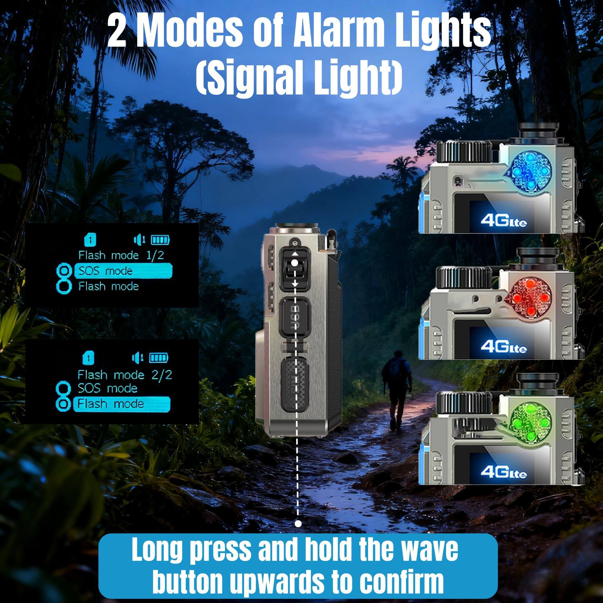 2 Modes of Alarm Lights (Signal Light)

1. Flash mode 1/2
2. SOS mode
3. Flash mode 2/2
4. SOS mode

Long press and hold the wave button upwards to confirm