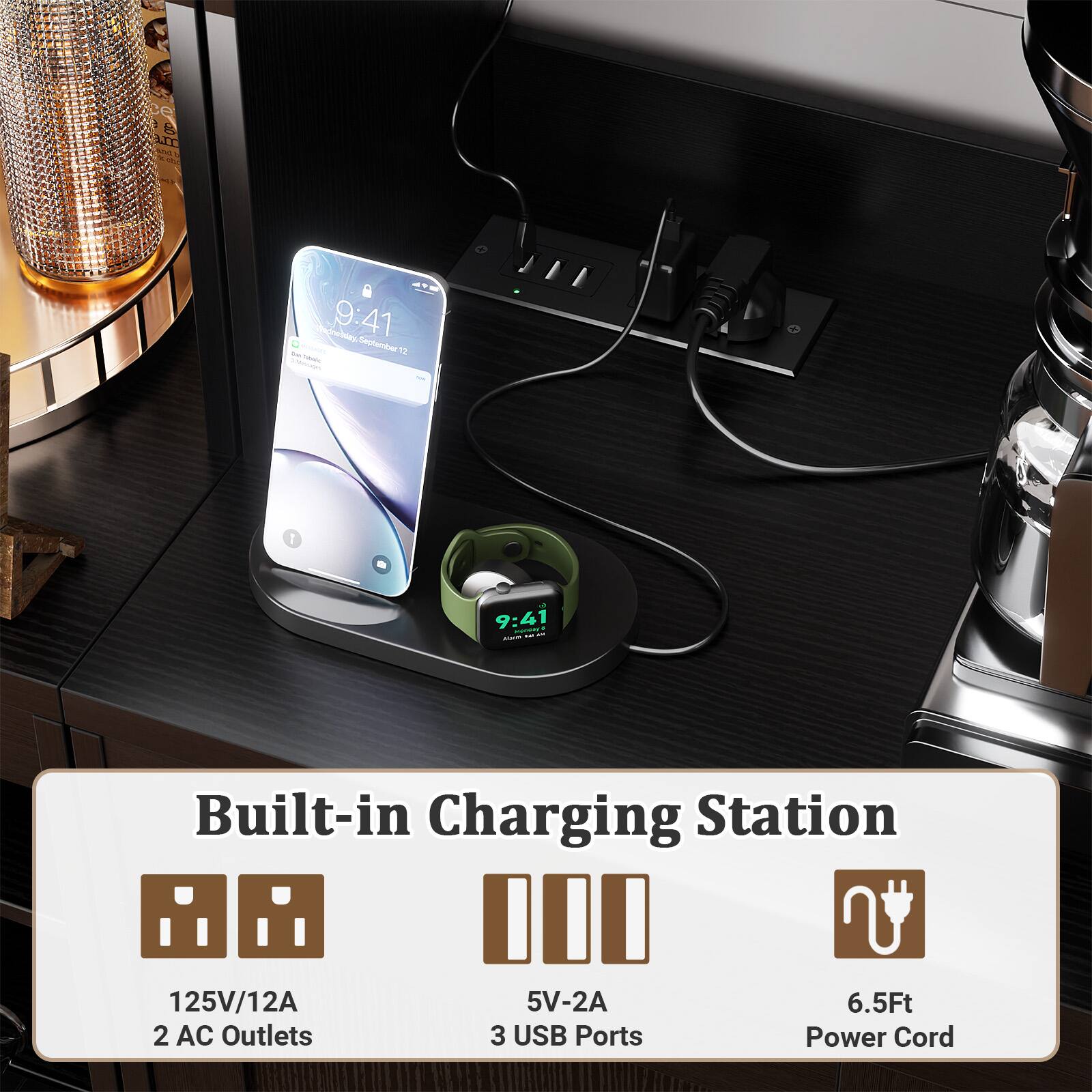 ce t AT Wadrebd 9:41 September 12 T 1 9:41 .  
: Built-in Charging Station  
125V/12A  
2 AC Outlets  
5V-2A  
3 USB Ports  
6.5Ft Power Cord