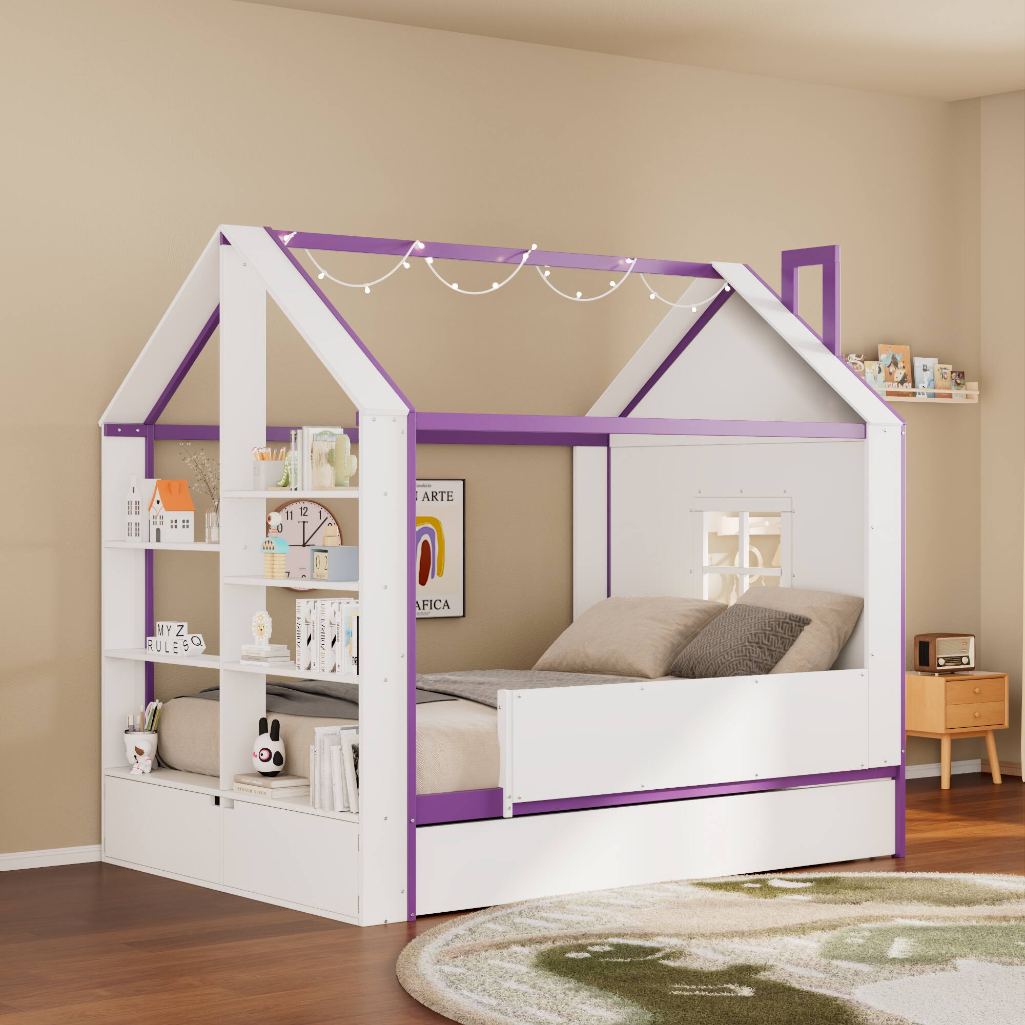 Anysun - Full Size House Bed Frame with Pull-Out Trundle, Tail End Storage Shelves and Cool White LED Lights - Purple