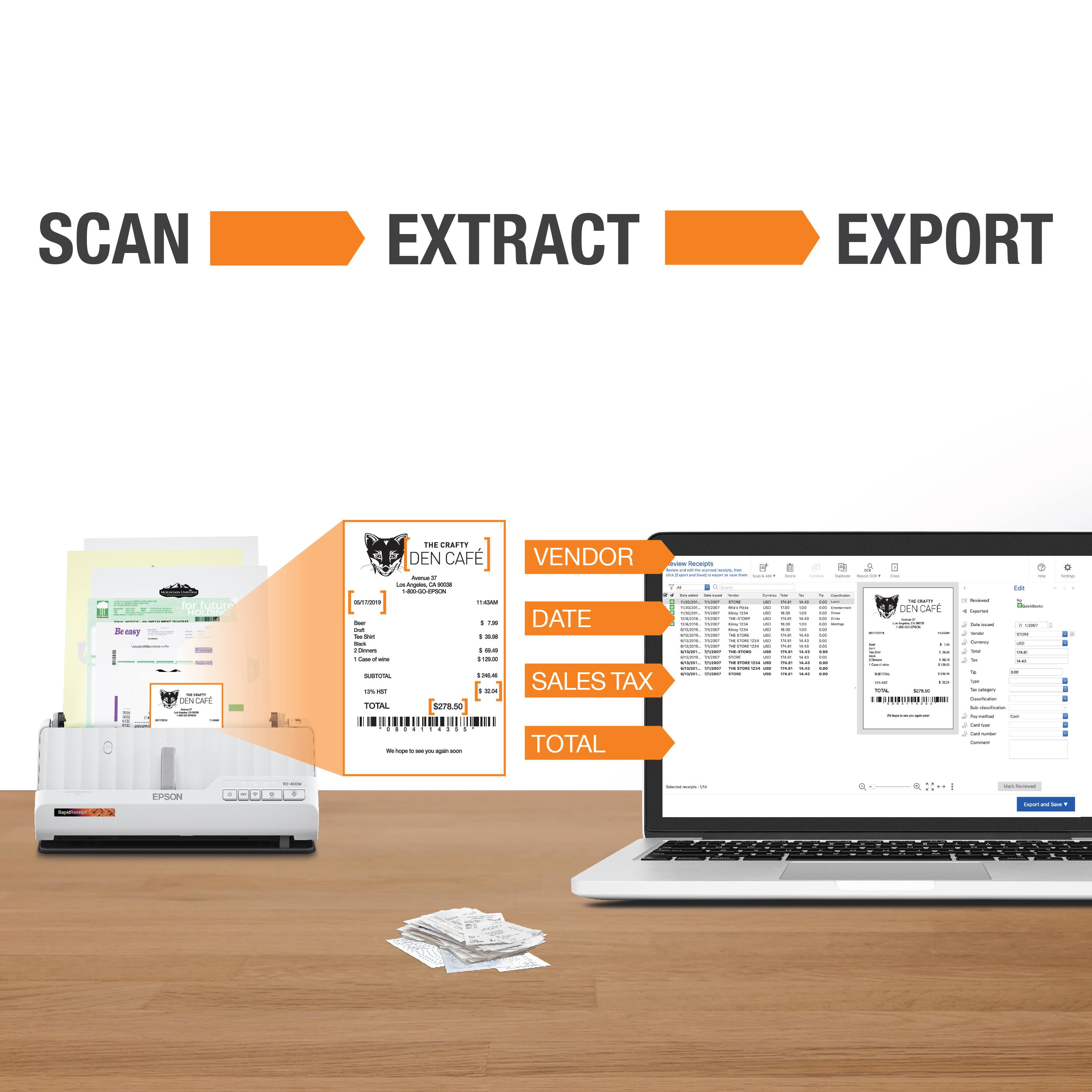 SCAN EXTRACT EXPORT

* Total: 278.50
* Vendor: Denicafé
* Date: 01/13/2023
* Sales Tax: 2.78
* Total: 278.50