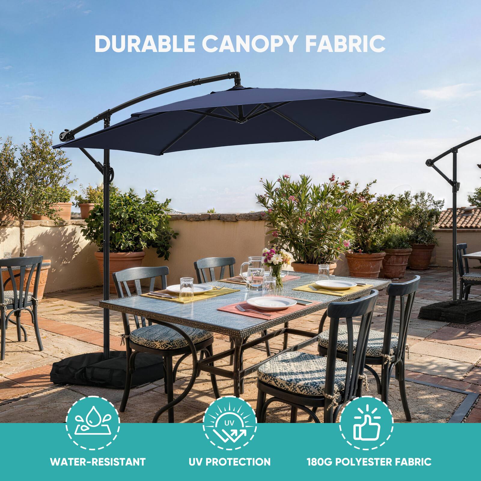 DURABLE CANOPY FABRIC

- WATER-RESISTANT
- UV PROTECTION
- 180G POLYESTER FABRIC