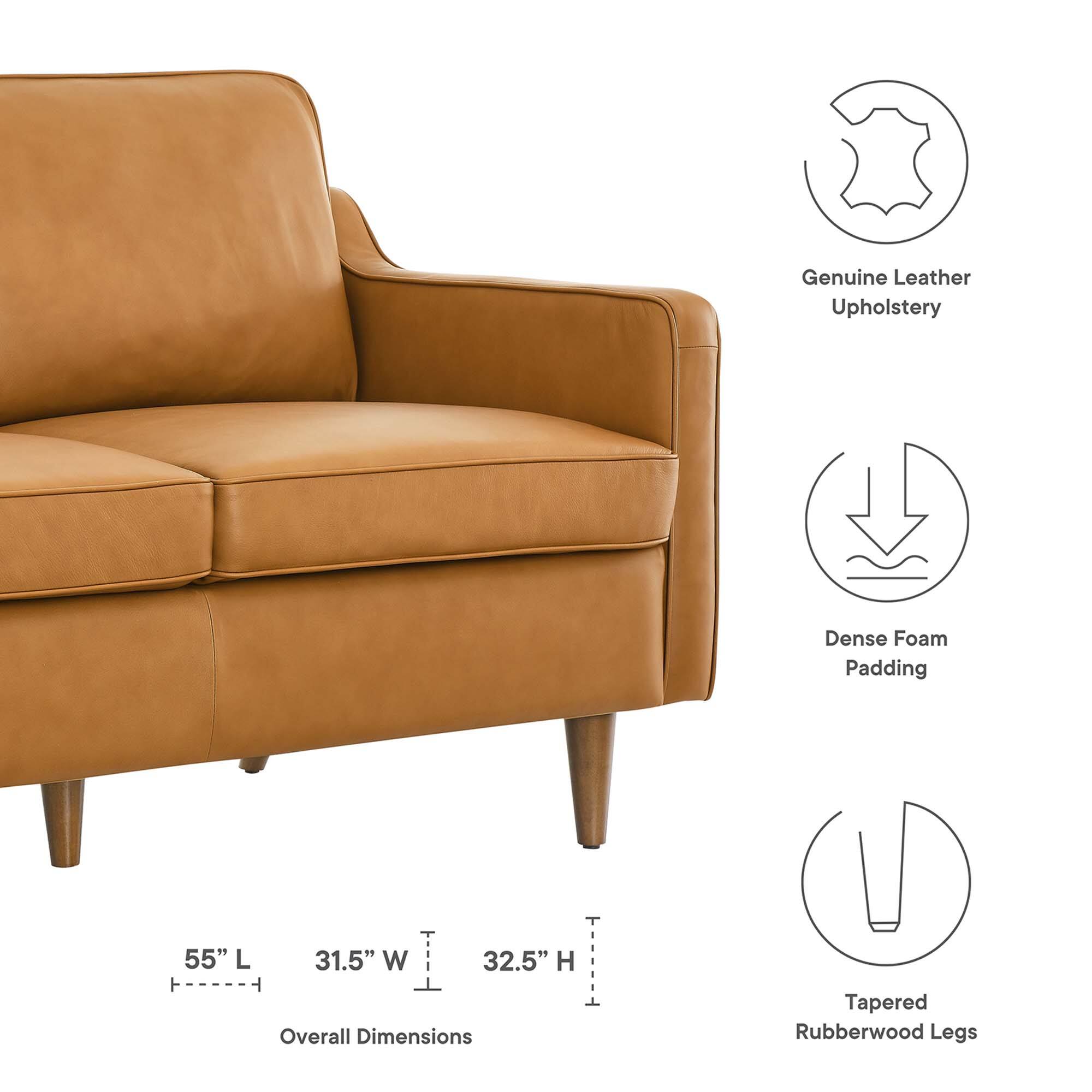 Genuine Leather Upholstery  
Dense Foam Padding  
55" L x 31.5" W x 32.5" H  
Overall Dimensions  
Tapered Rubberwood Legs