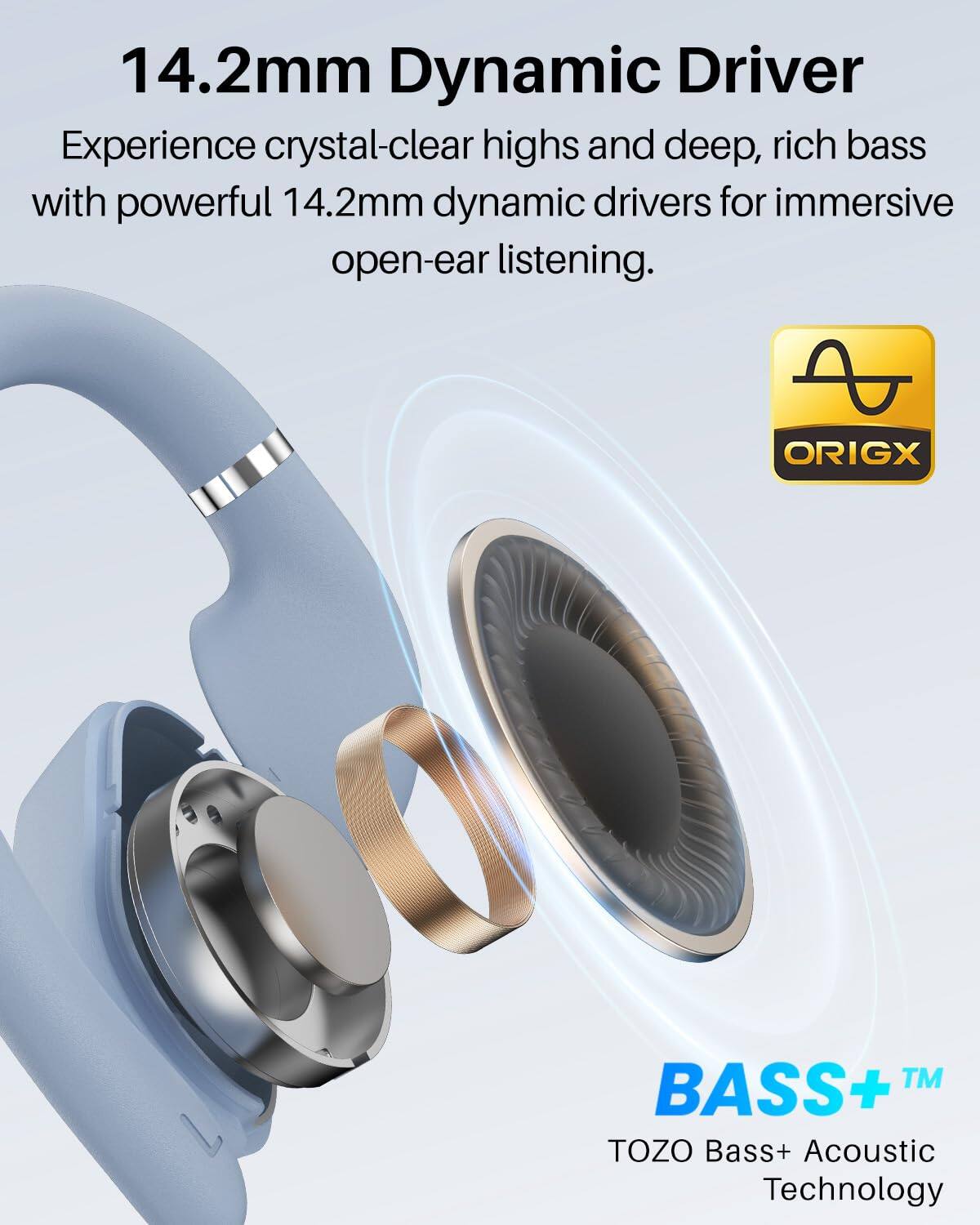 14.2mm Dynamic Driver

Experience crystal-clear highs and deep, rich bass with powerful 14.2mm dynamic drivers for immersive open-ear listening.

ORIGX™ BASS+ + TOZO Bass+ Acoustic Technology