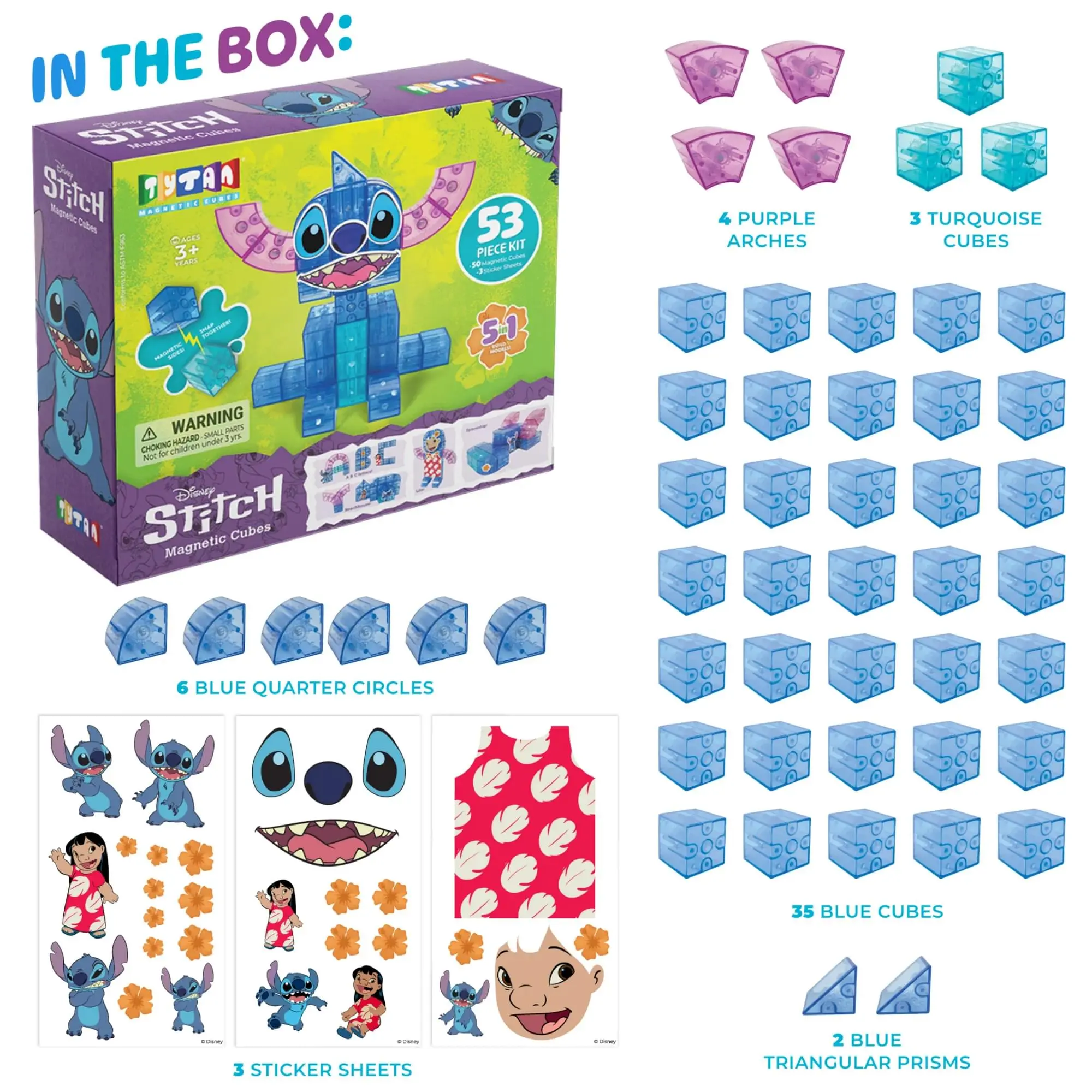 IN THE BOX:  
- 4 PURPLE ARCHES  
- 3 TURQUOISE CUBES  
- 6 BLUE QUARTER CIRCLES  
- 35 BLUE CUBES  
- 2 BLUE TRIANGULAR PRISMS  
- 3 STICKER SHEETS  

STITCH Magnetic Cubes