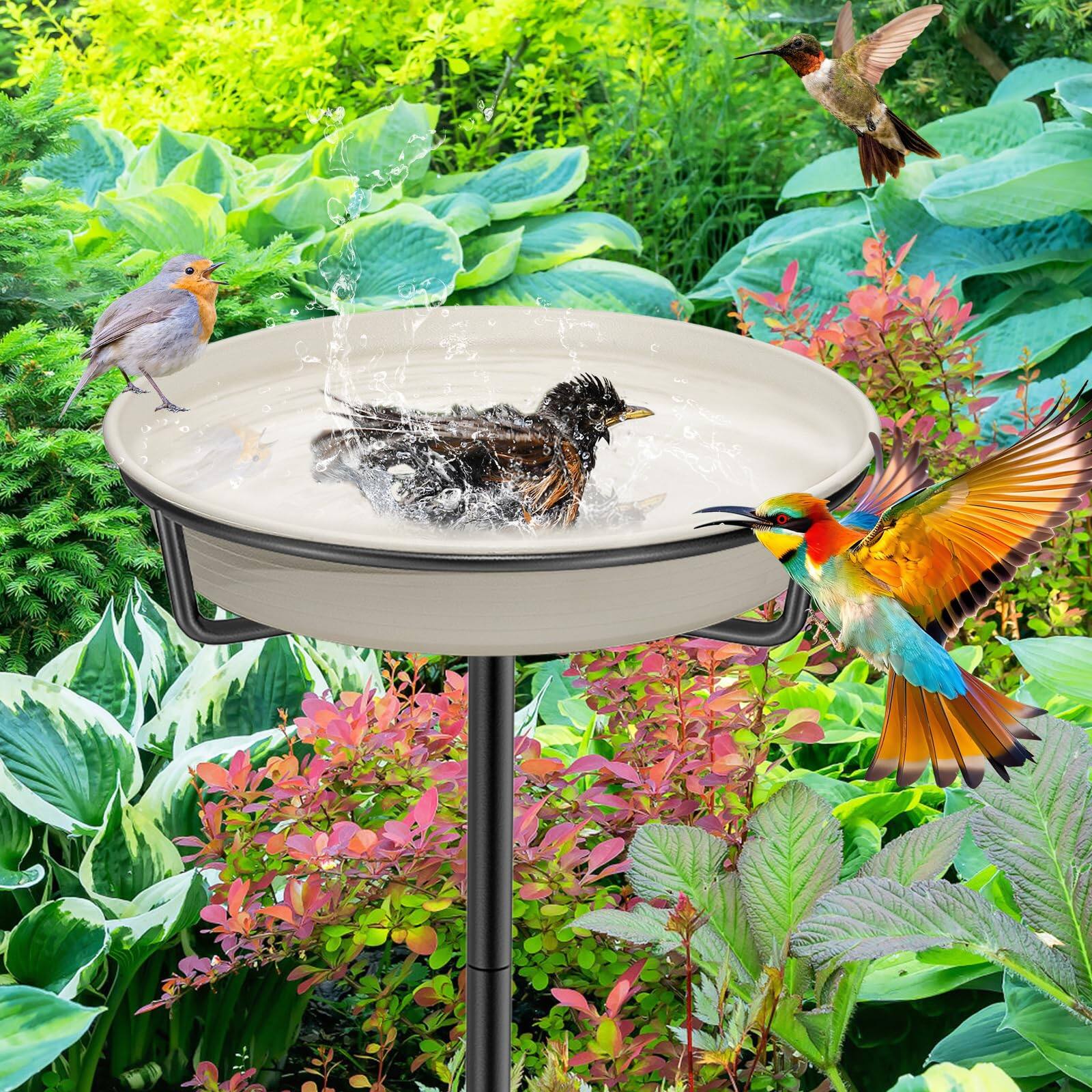 Back. Dazzed Corner - Detachable Bird Bath Bowl Spa & Birdfeeder Freestanding with Metal Stake Stand - White.