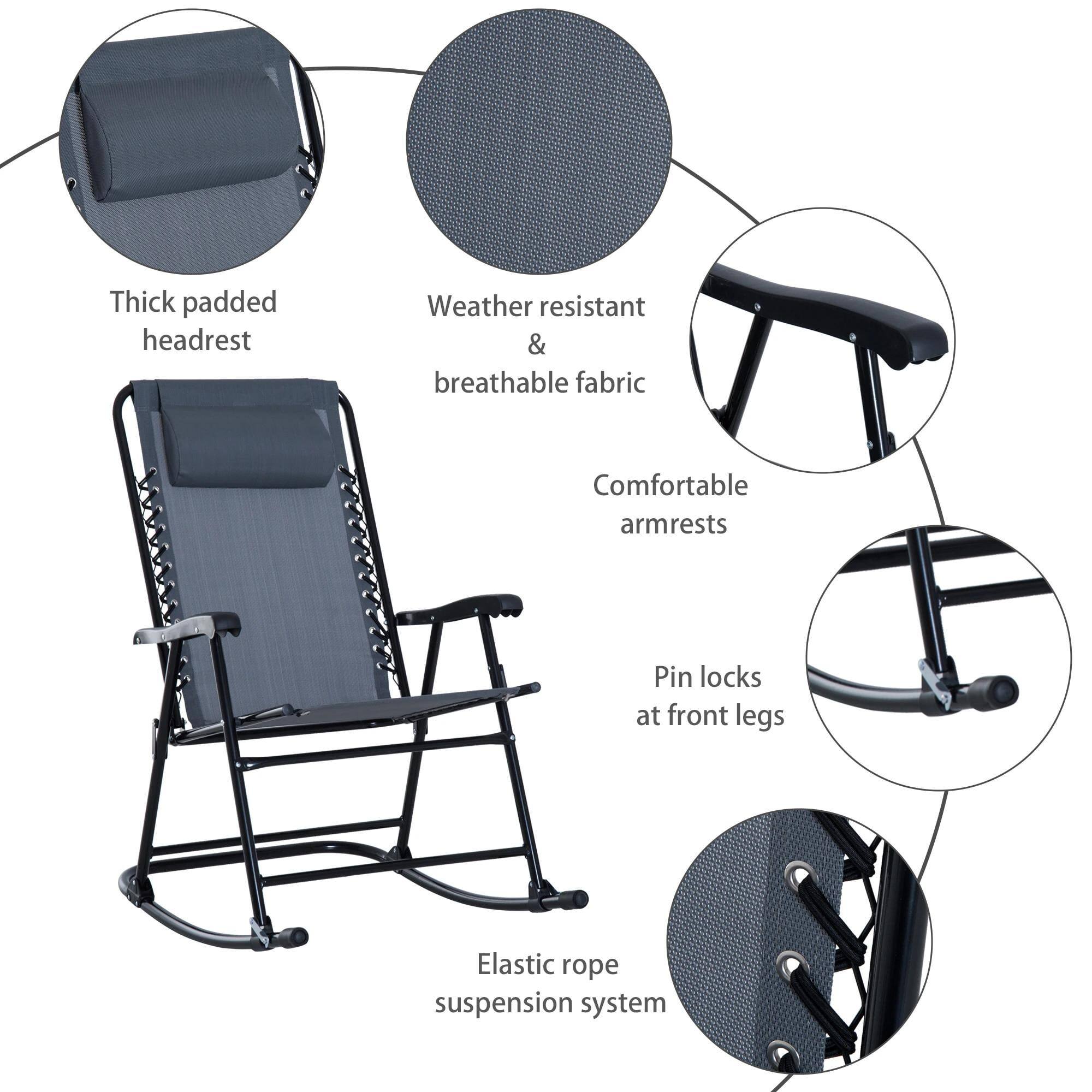 Thick padded headrest, Weather resistant & breathable fabric, Comfortable armrests, Pin locks at front legs, Elastic rope suspension system