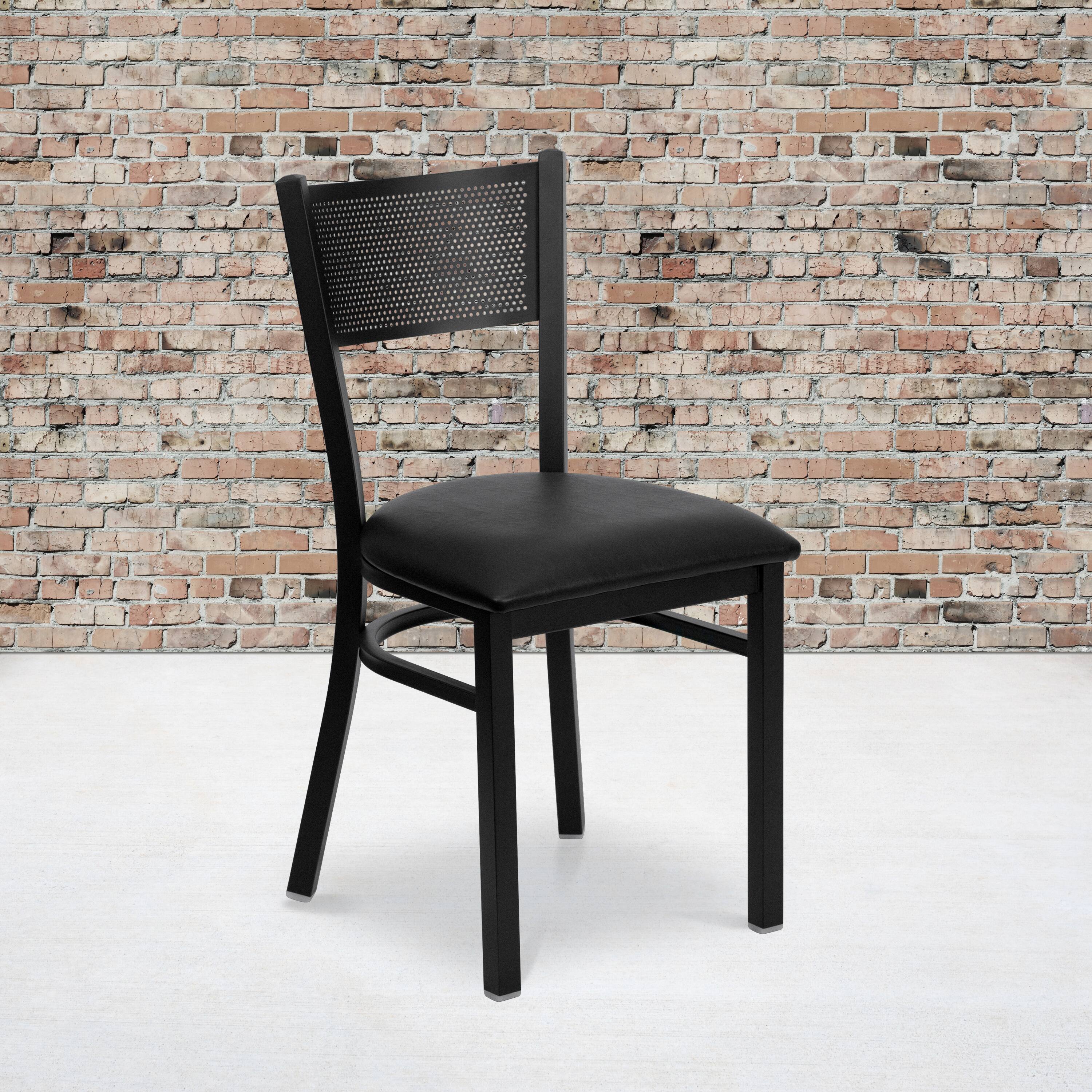 Alt View 1. Emma + Oliver - Grid Back Metal Restaurant Dining Chair - Black Vinyl Seat/Black Metal Frame.