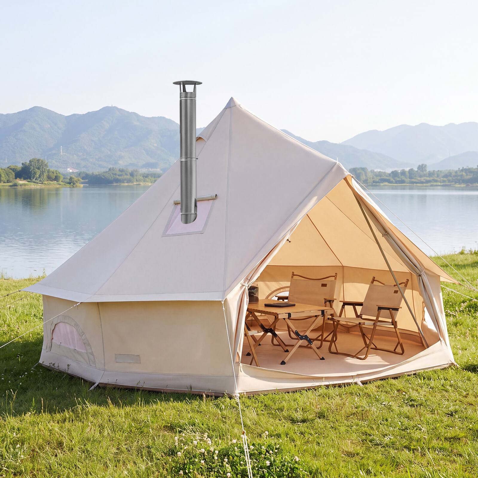 Alt View 1. Costway - Costway 10 ft Bell Tent with Stove Jack, Mesh Windows & Doors, Accommodates 2-4 Person - Beige.