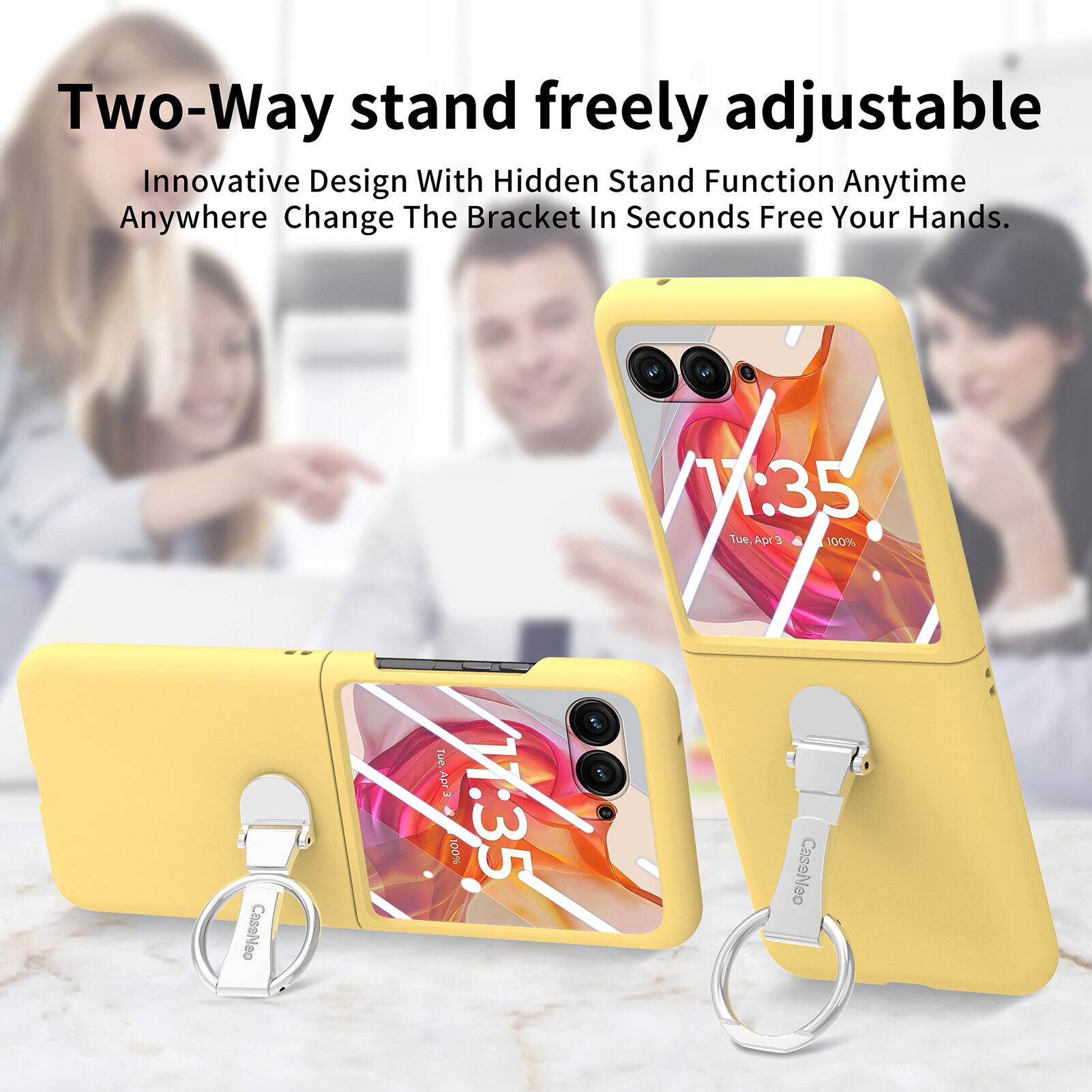 Two-Way stand freely adjustable  
Innovative Design With Hidden Stand Function Anytime Anywhere Change The Bracket In Seconds Free Your Hands.  
V:35 Tue. Apr 3  
CaseNeo 100%