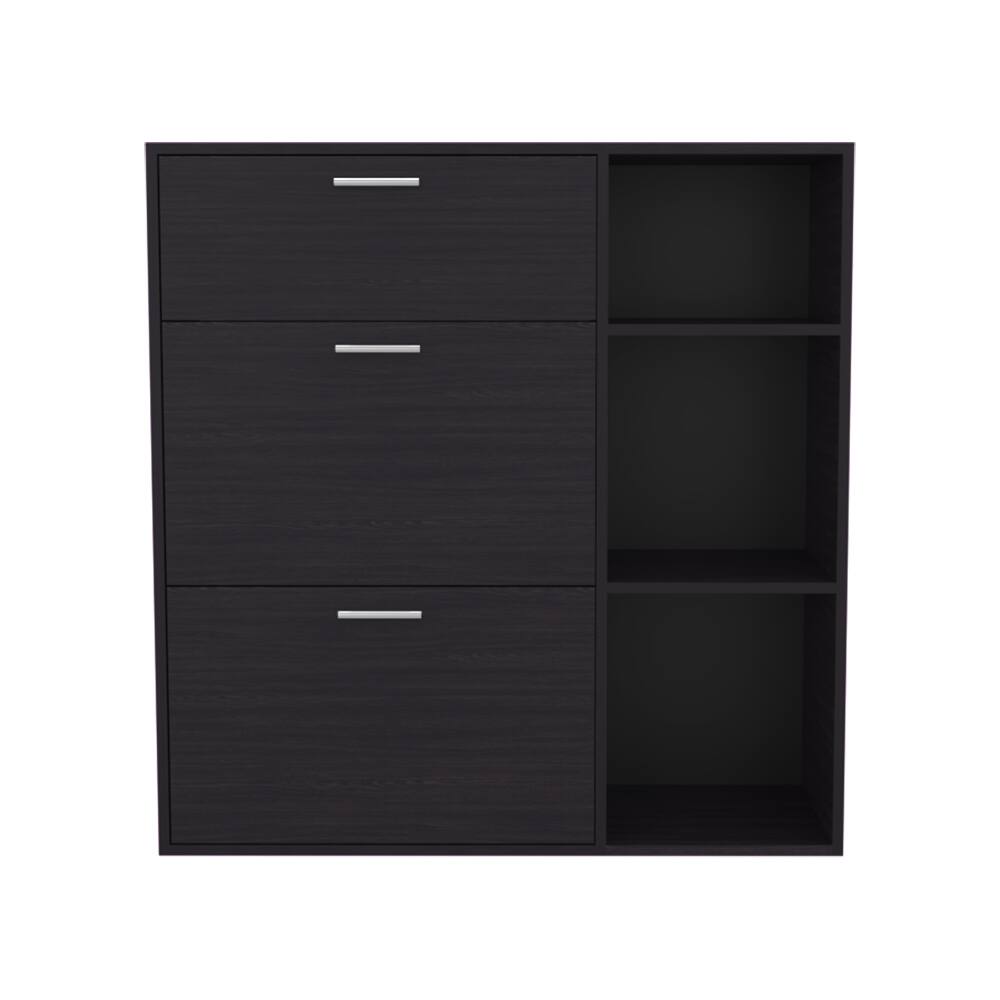 Angle. Loheer - Loheer 3-door shoe rack with drawer, modern black shoe cabinet, 32.2 inch H - Black.