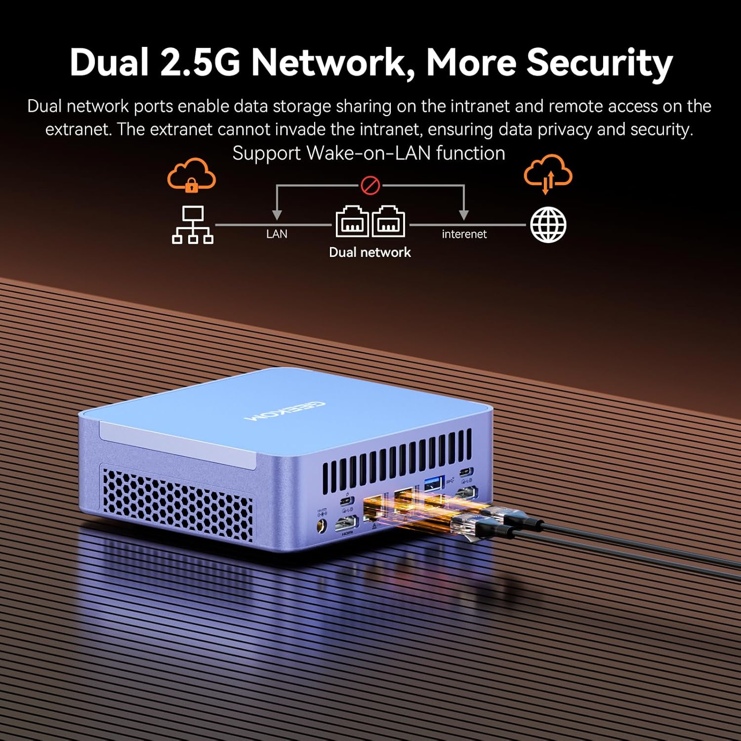 Dual 2.5G Network, More Security

Dual network ports enable data storage sharing on the intranet and remote access on the extranet. The extranet cannot invade the intranet, ensuring data privacy and security. Support Wake-on-LAN function.