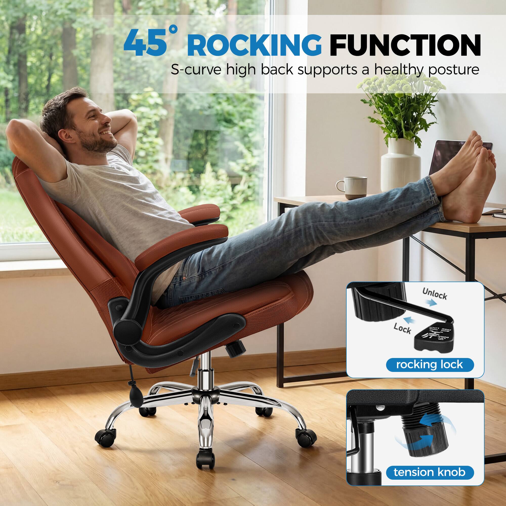 45° ROCKING FUNCTION  
S-curve high back supports a healthy posture  

Unlock Lock rocking lock tension knob