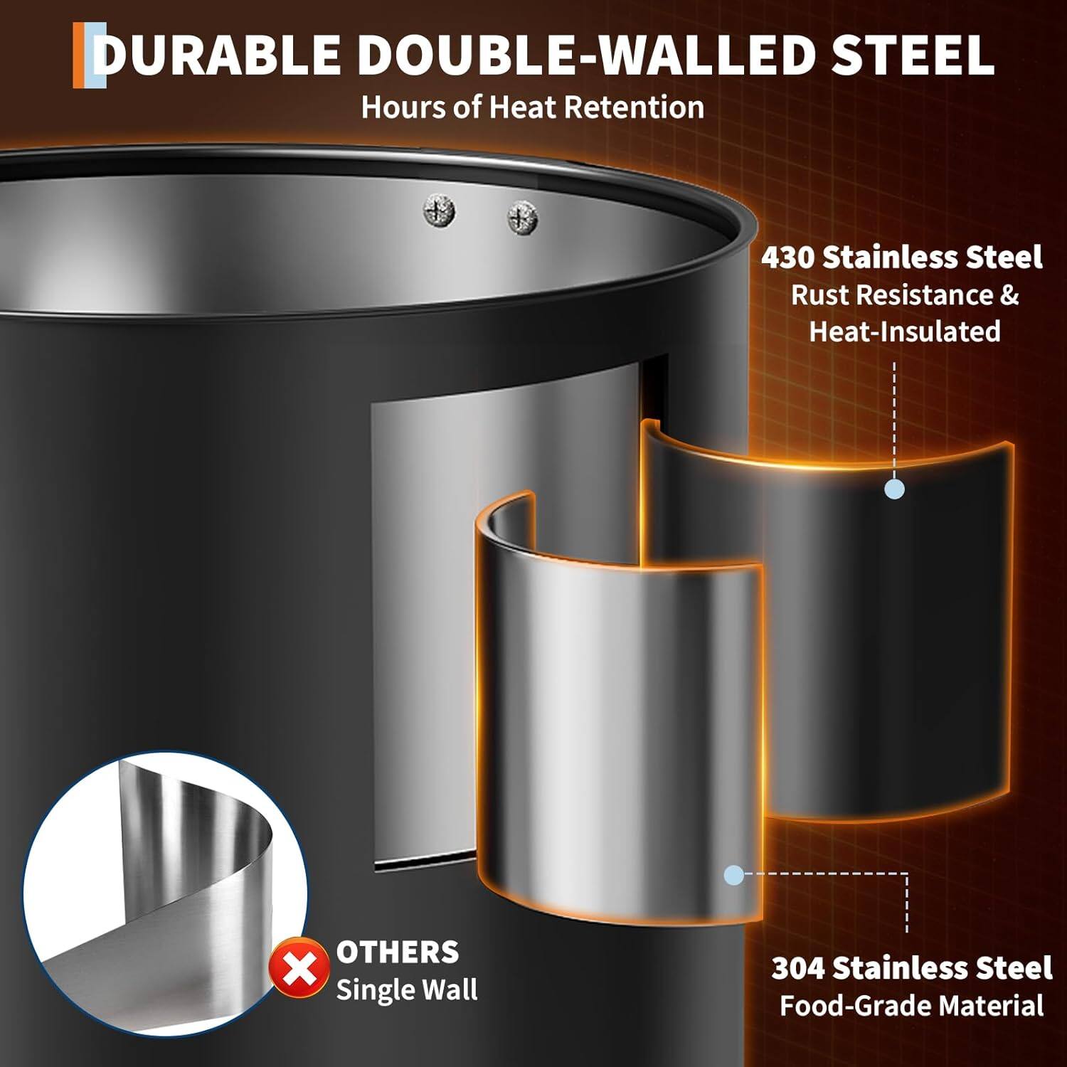DURABLE DOUBLE-WALLED STEEL  
Hours of Heat Retention  

430 Stainless Steel  
Rust Resistance & Heat-Insulated  

304 Stainless Steel  
Food-Grade Material  

OTHERS  
Single Wall