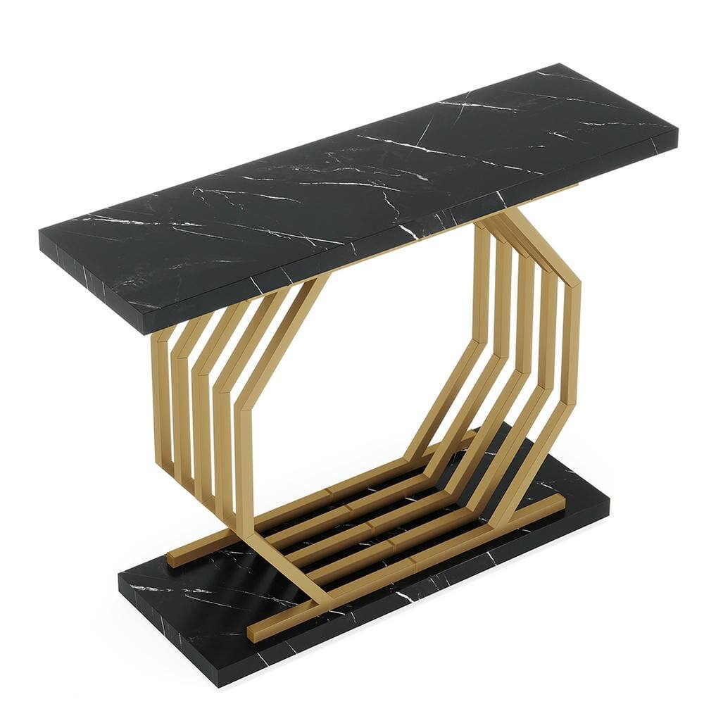 Angle. Kadyn - Entryway Table, Console Sofa Table,Faux Marble Console Table, 40" Accent Sofa Table with Geometric Metal Base - Black.