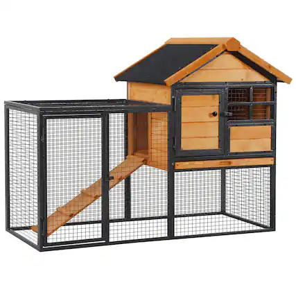 Front. Pawhut - 2-Level Rabbit Hutch Bunny House with Weatherproof Asphalt Roof, Removable Tray and Ramp for Outdoor.