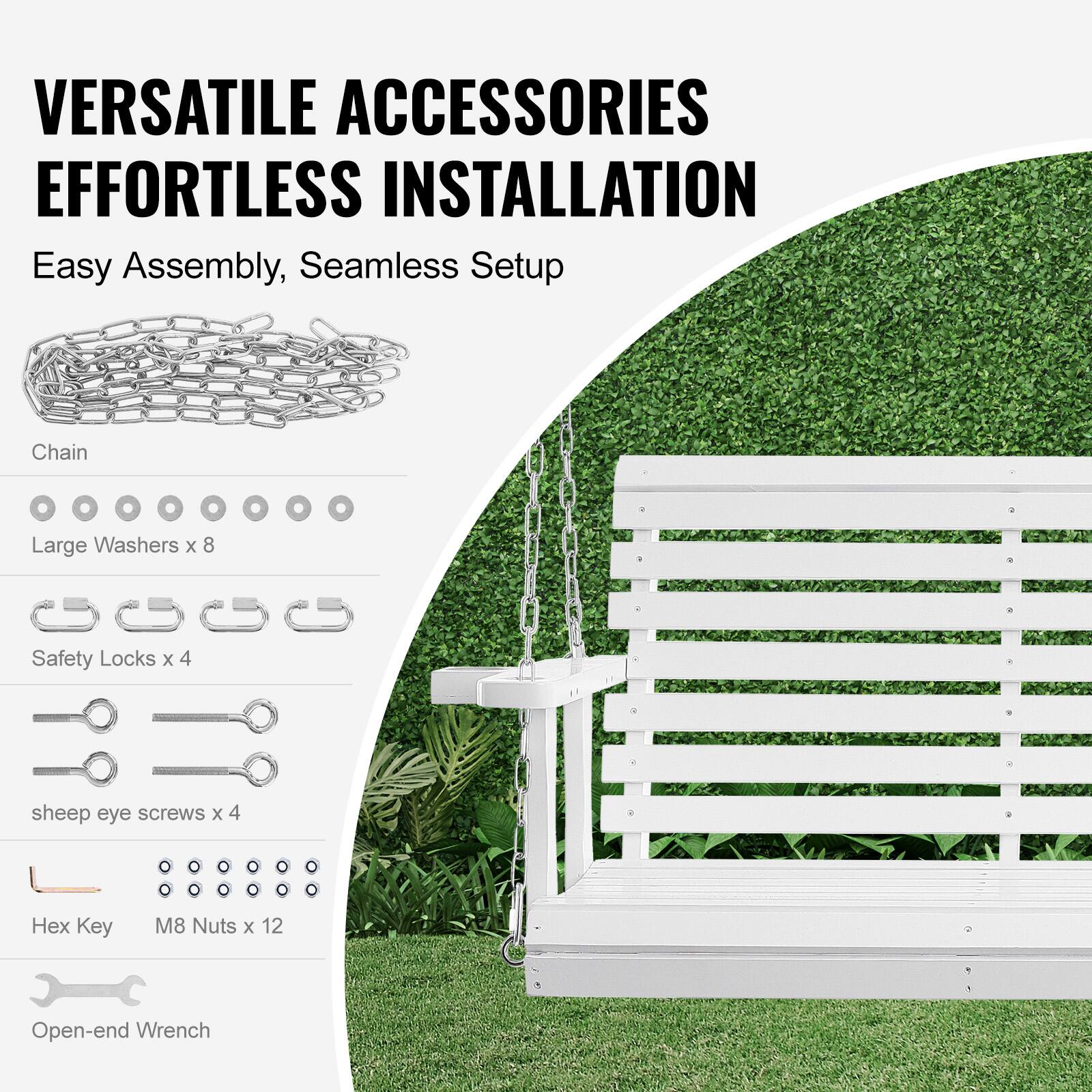 VERSATILE ACCESSORIES
EFFORTLESS INSTALLATION

Easy Assembly, Seamless Setup

- Chain
- Large Washers x 8
- Safety Locks x 4
- Sheep Eye Screws x 4
- Hex Key
- M8 Nuts x 12
- Open-end Wrench