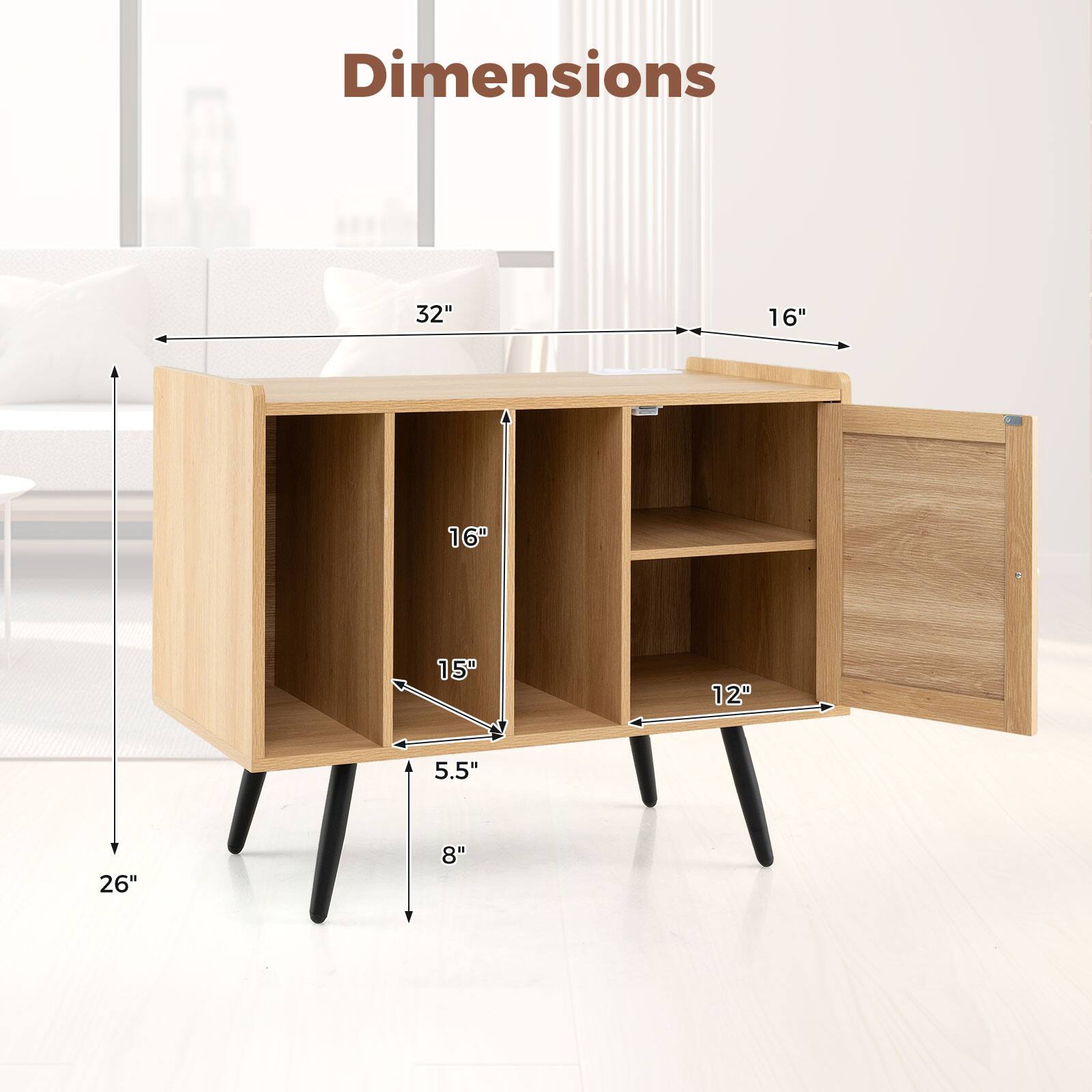 Dimensions:  
- Length: 32"  
- Width: 16"  
- Height: 26"  
- Shelf Depth: 16"  
- Shelf Height: 15"  
- Shelf Width: 12"  
- Leg Height: 8"  
- Leg Width: 5.5"