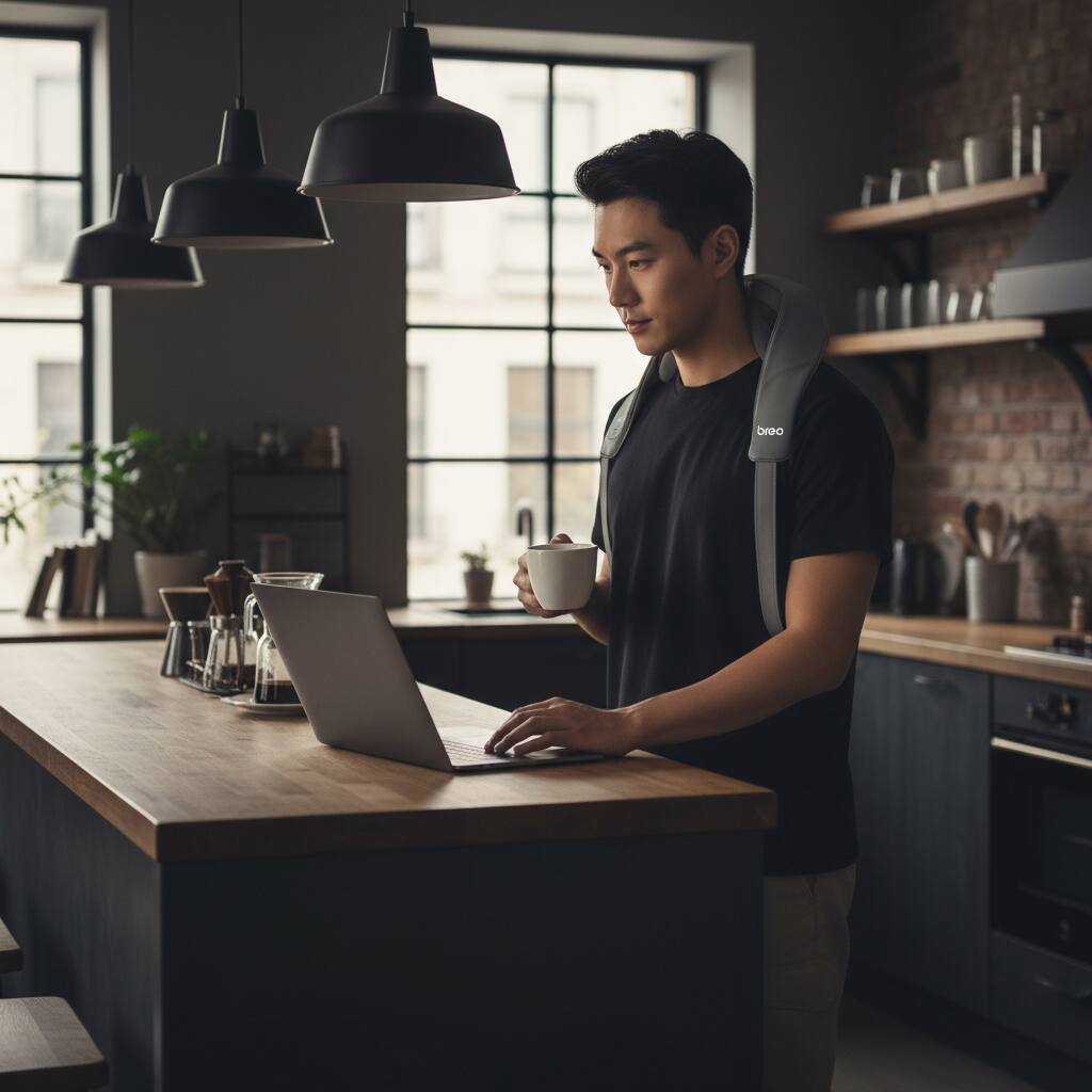 Alt View 1. BREO - Neck Massager, Shoulder Opening Deep Tissue with Far-Infrared Heat, 6 Modes, APP & Voice Control, Lightweight, Full-Body - Grey.