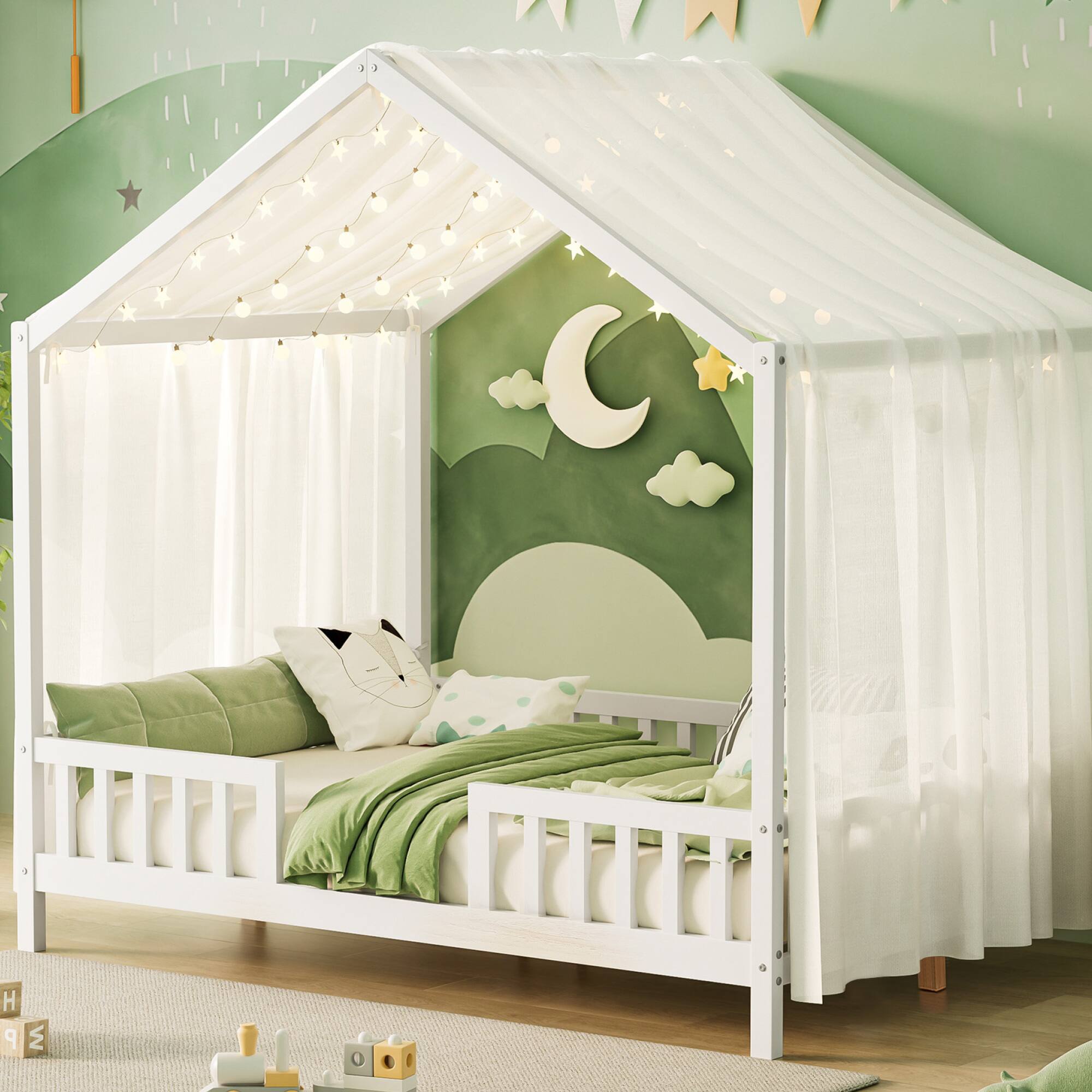 Alt View 9. GOODSILO - Creative Canopy House-Shaped Children's Floor Bed with Safety Railings for Cozy Sleep Space - White.