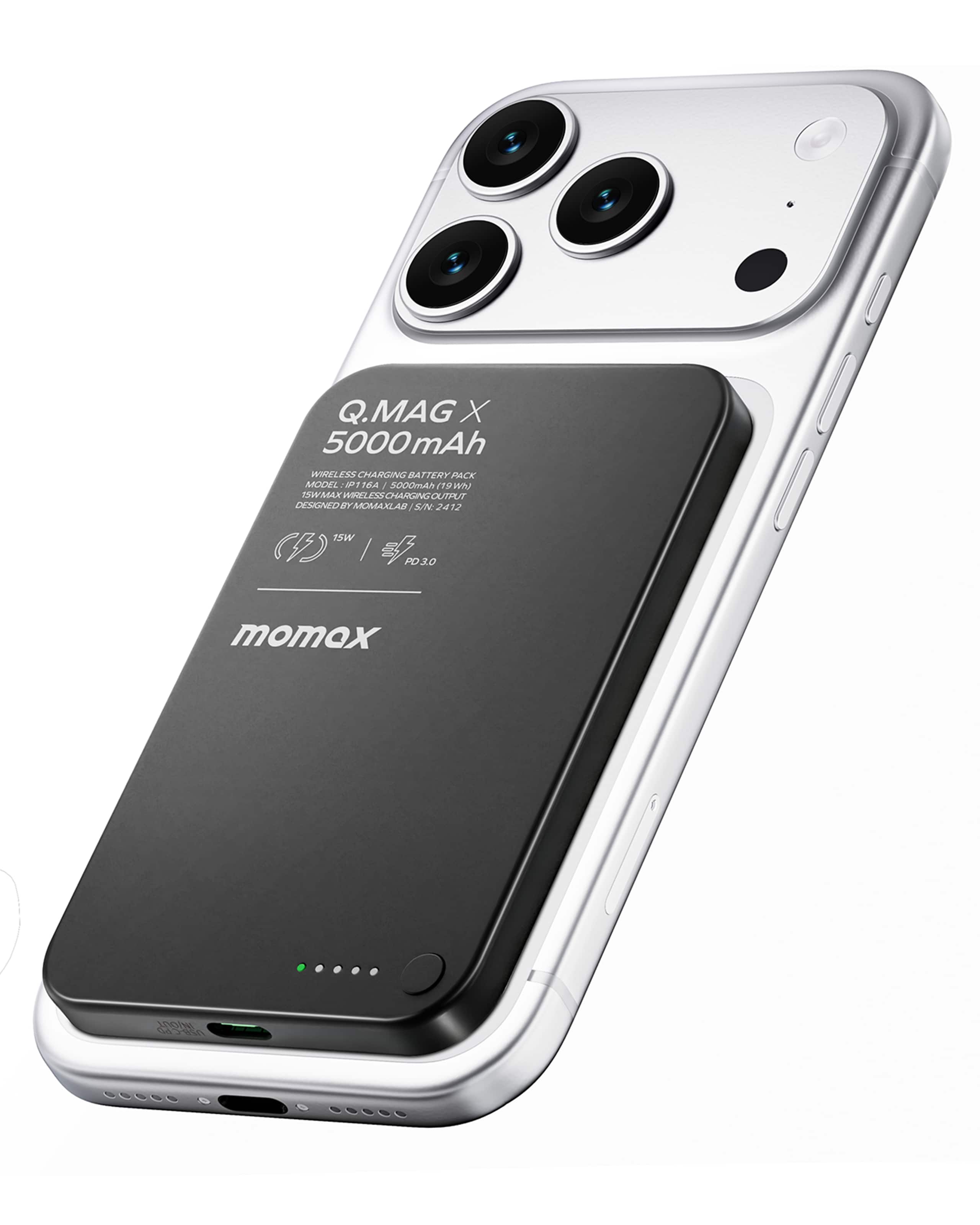 Momax - Ultra-Thin Magnetic Power Bank 5000mAh with 7.5W Wireless for iPhone & 20W with Cable Fast Charging - Black
