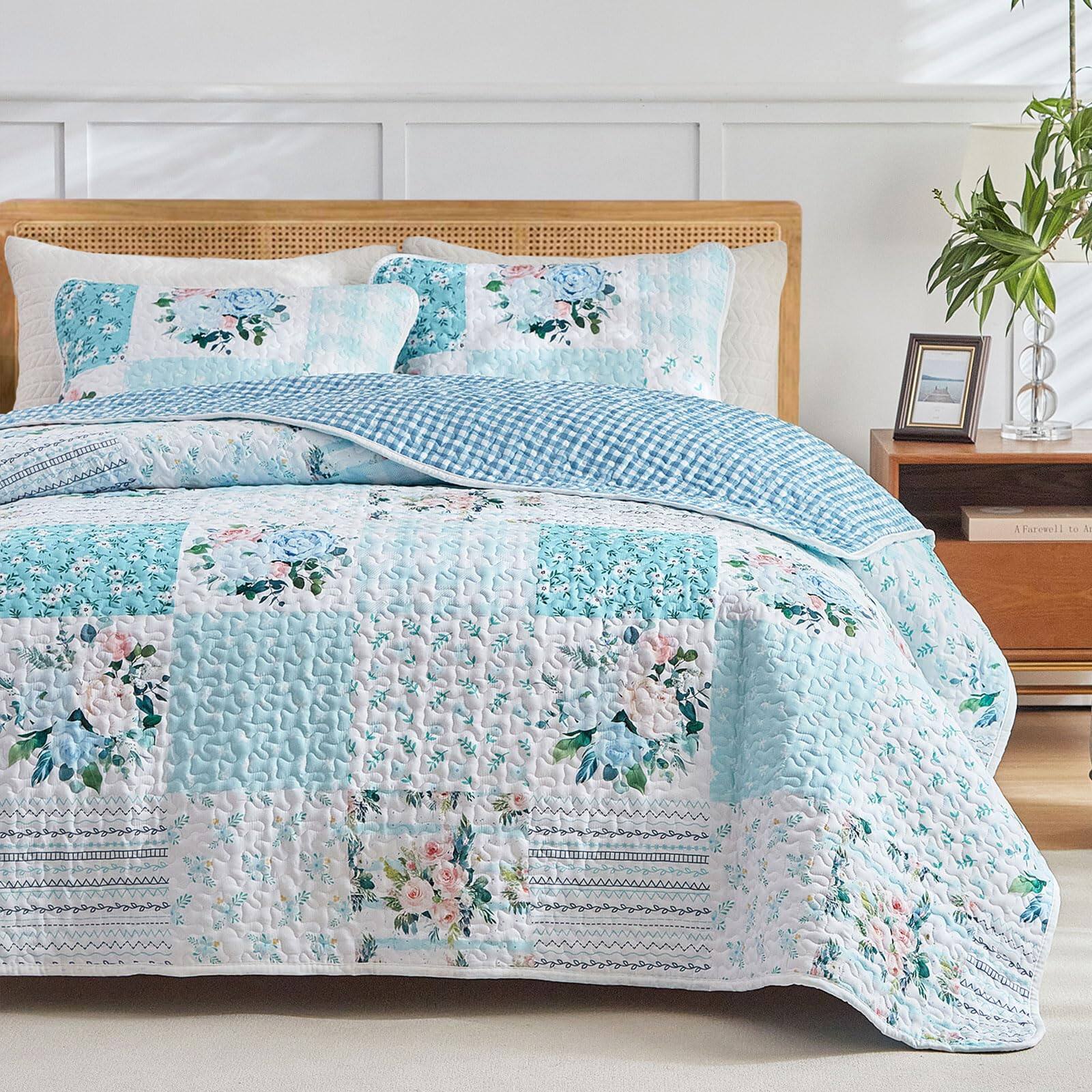 Back. PARKER SLATER - 3 Pieces Floral Patchwork Quilt Set Queen Blue N White Flowers Design Soft Cozy Microfiber Bedspread Bed Cover For... - Purple-California King-102"x114".