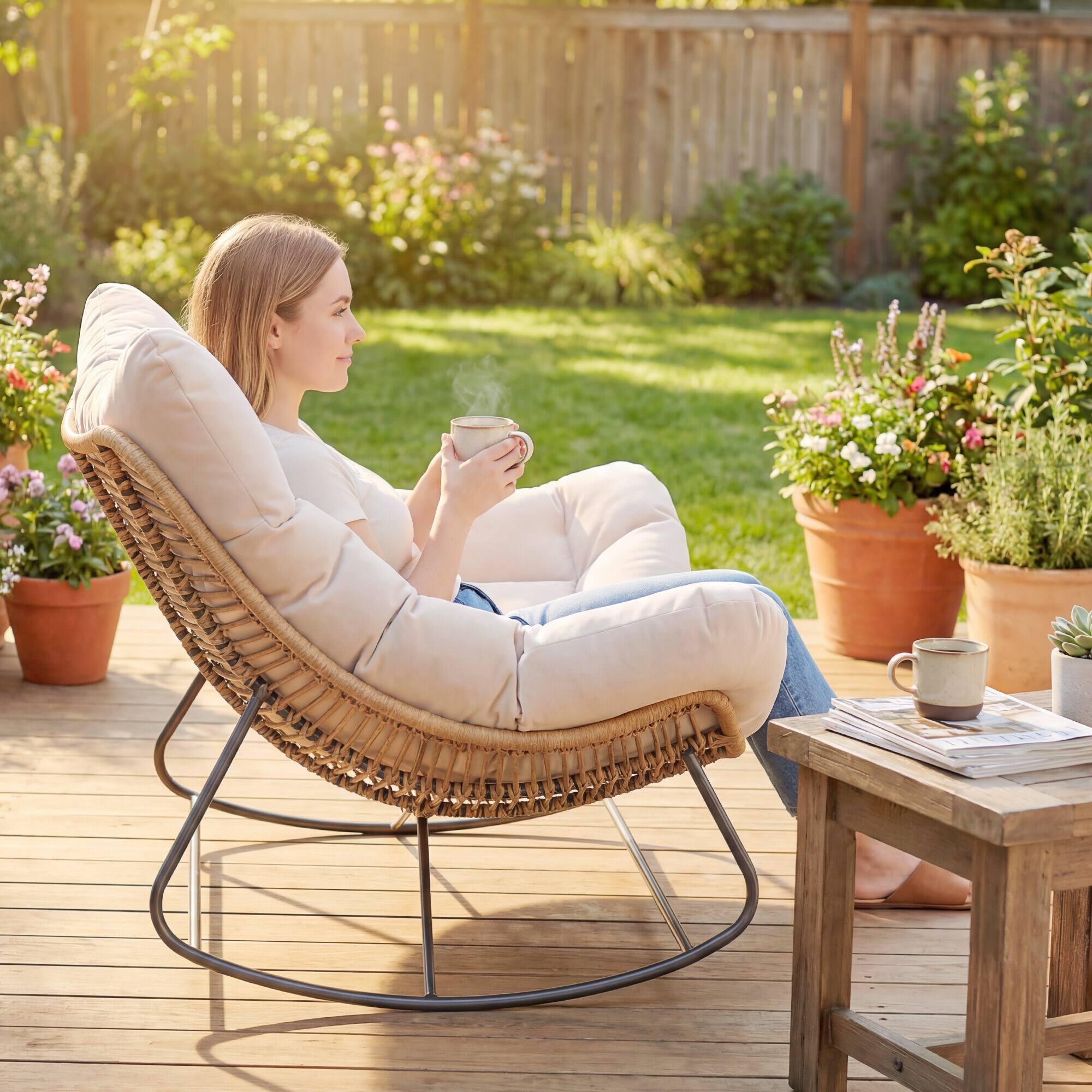 Alt View 8. Outsunny - Outdoor Double Papasan Rocking Chair, Oversized Rocking Egg Chair with Cushion for Garden, Patio - Cream White.