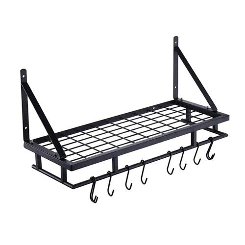 Front. SlickBlue - Modern Matte Black Wall Mounted Pot Rack, Stainless Steel with 10 Heavy-Duty Hanging Hooks - Black.