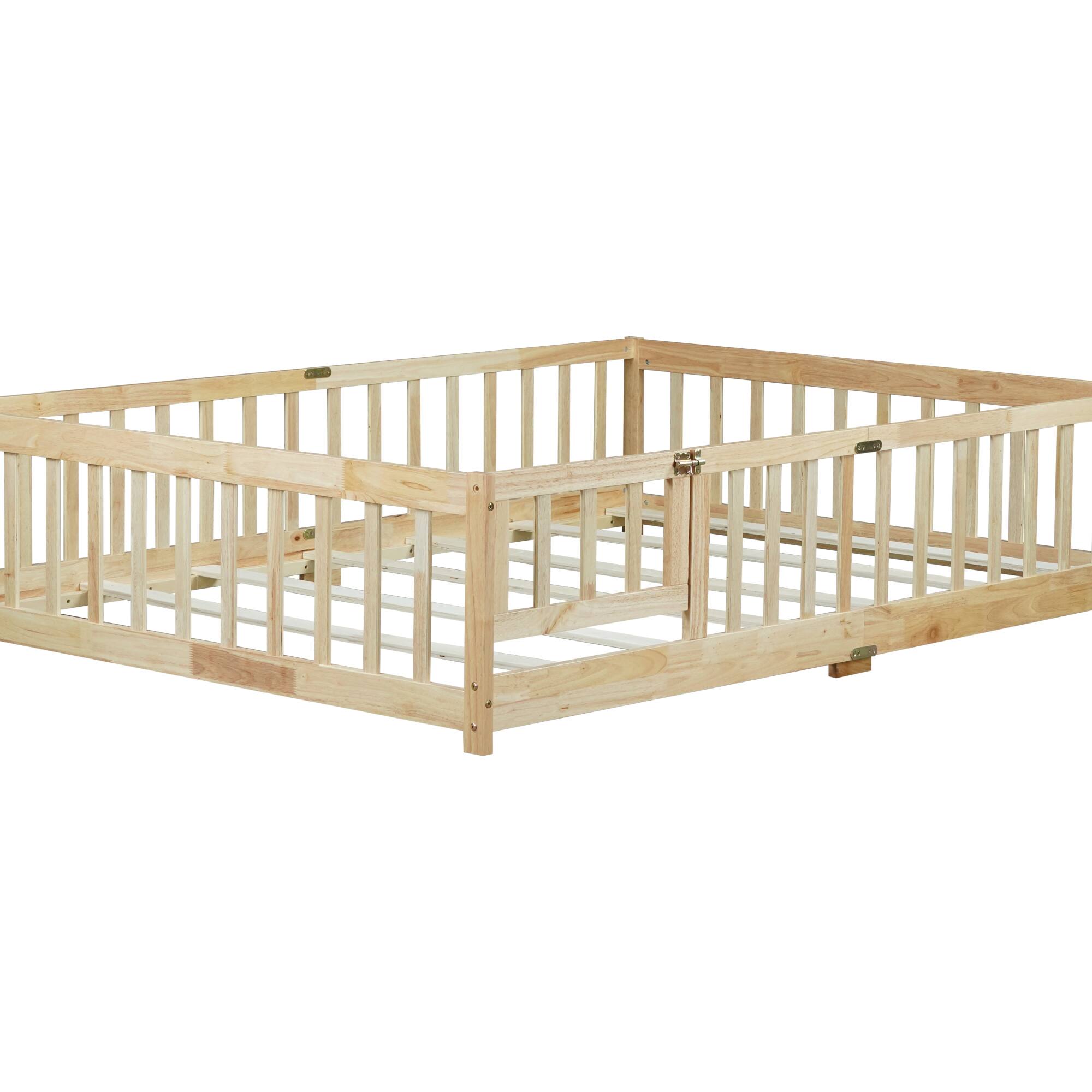 Alt View 9. GOODSILO - Full Size Floor Bed with Safety Fence and Revolving Door for Children, Sturdy Rubber Wood Construction - Natural.