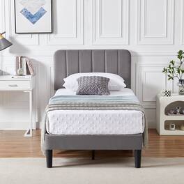 Vecelo - Twin Bed Frame w/ Padded Headboard & Platform, Reinforced Wood Slats - No Box Spring, Velvet Dark Blue - Easy Assembly - Dark Gray